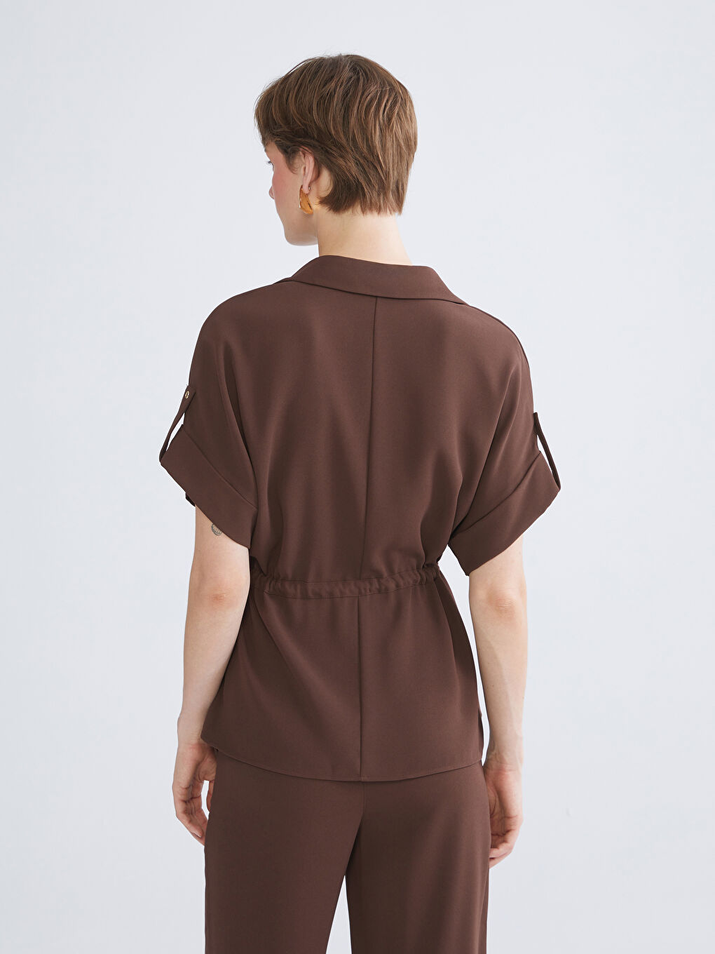 Kahverengi Büzgülü Kadın Gömlek-6