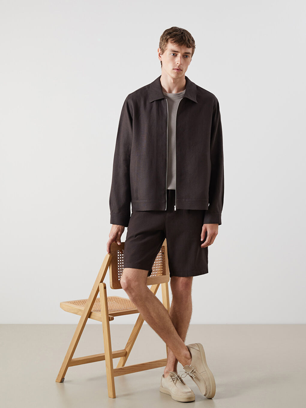 Kahverengi Rahat Kalıp Gömlek Yaka %100 Keten Erkek Mont-1