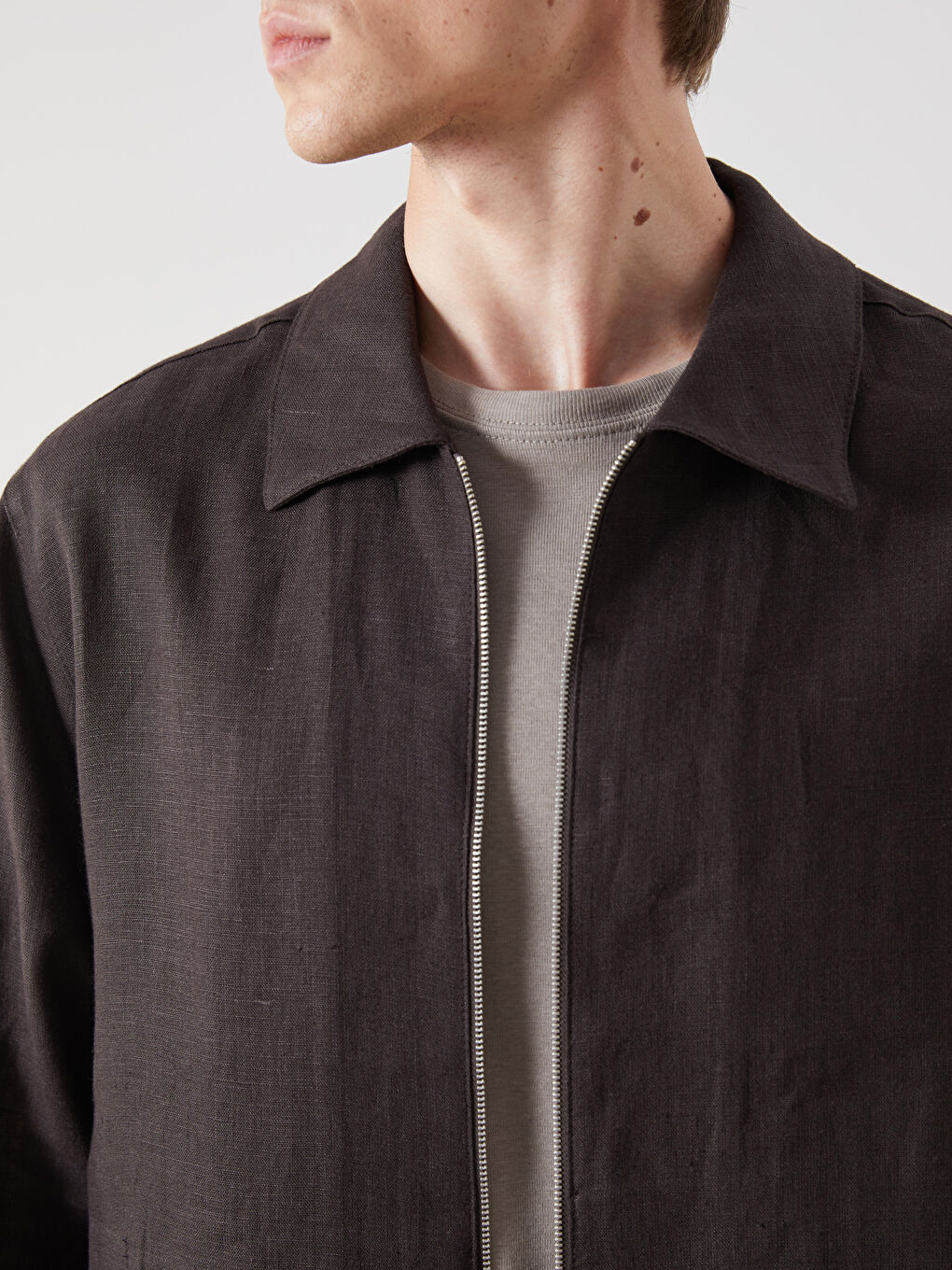 Kahverengi Rahat Kalıp Gömlek Yaka %100 Keten Erkek Mont-2