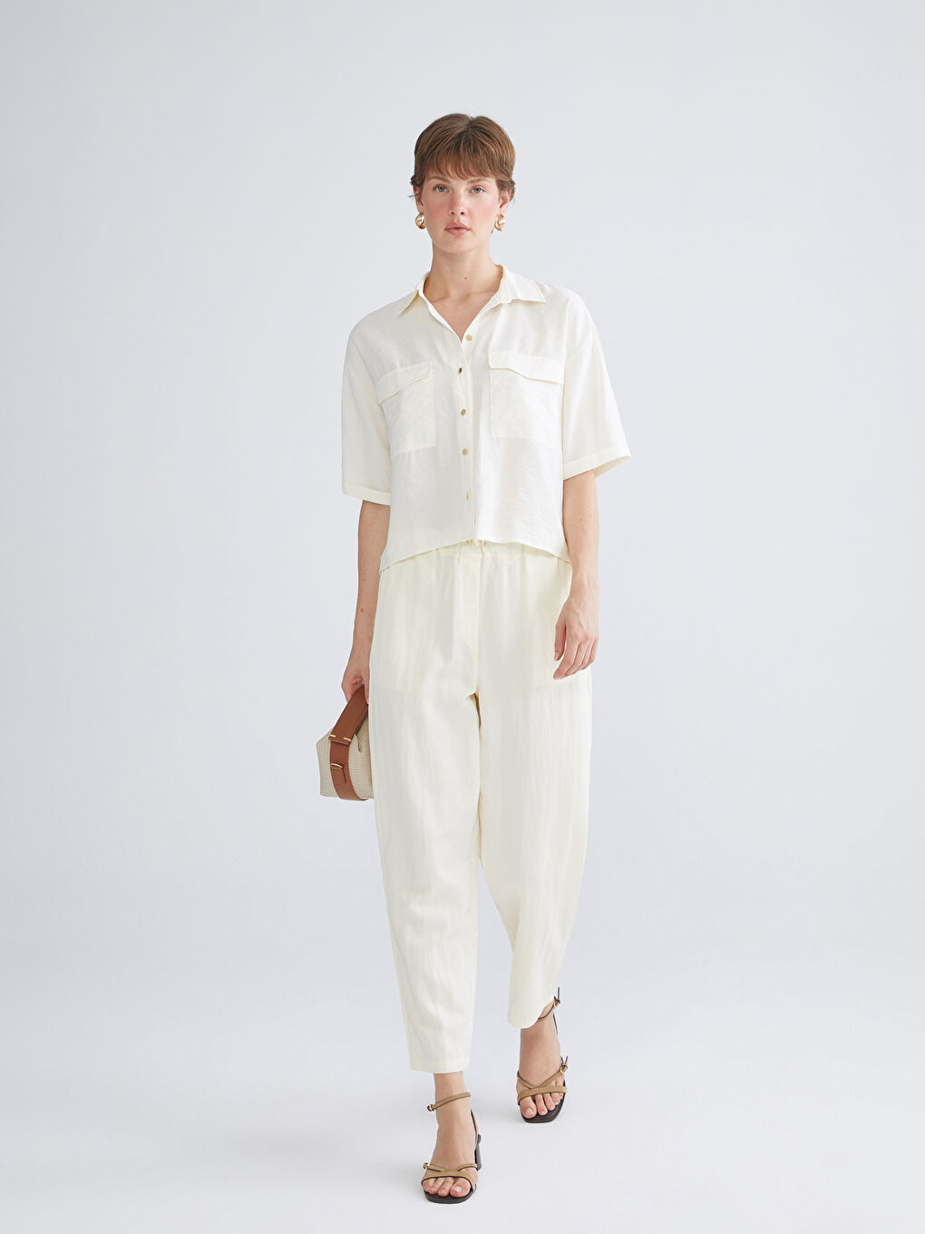 Ekru Beli Lastikli Kadın Pantolon-1