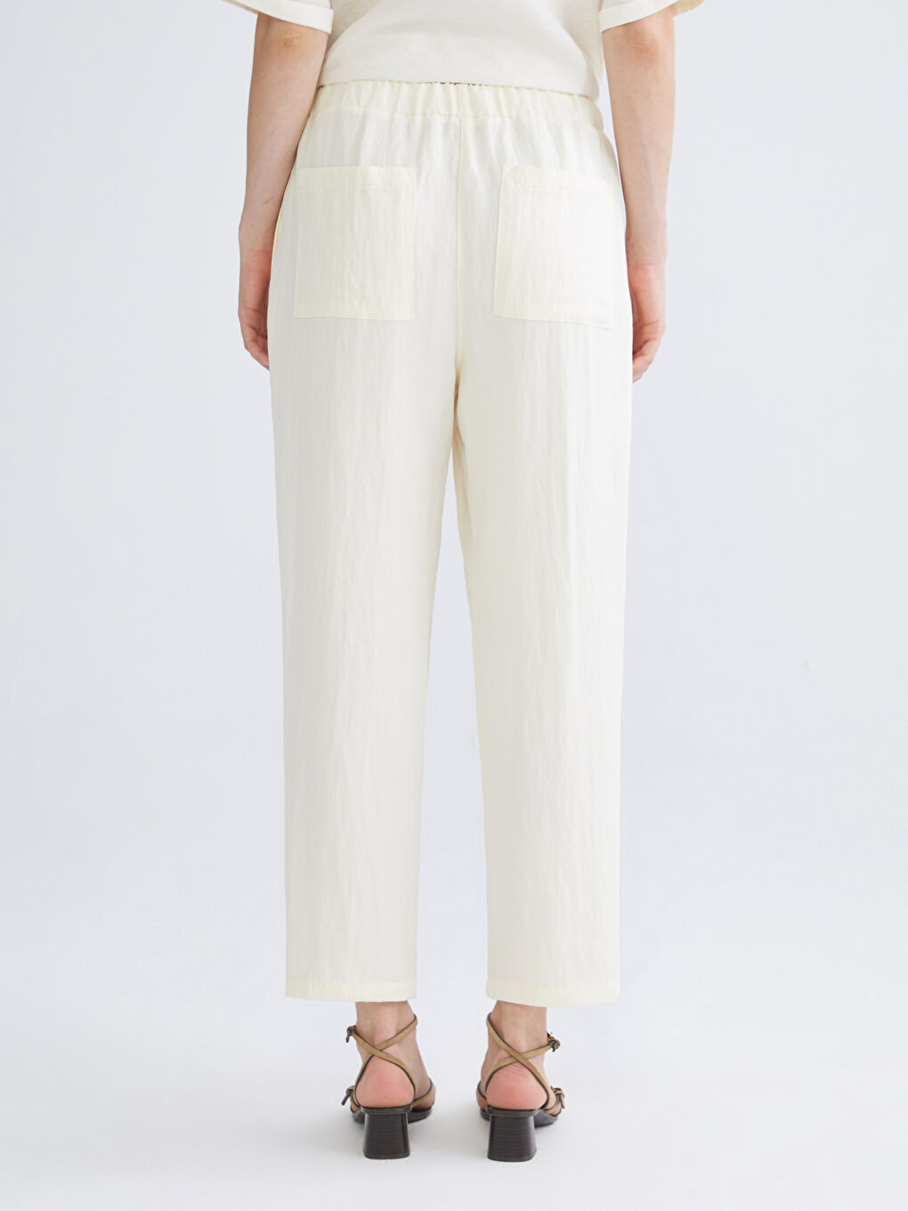 Ekru Beli Lastikli Kadın Pantolon-7