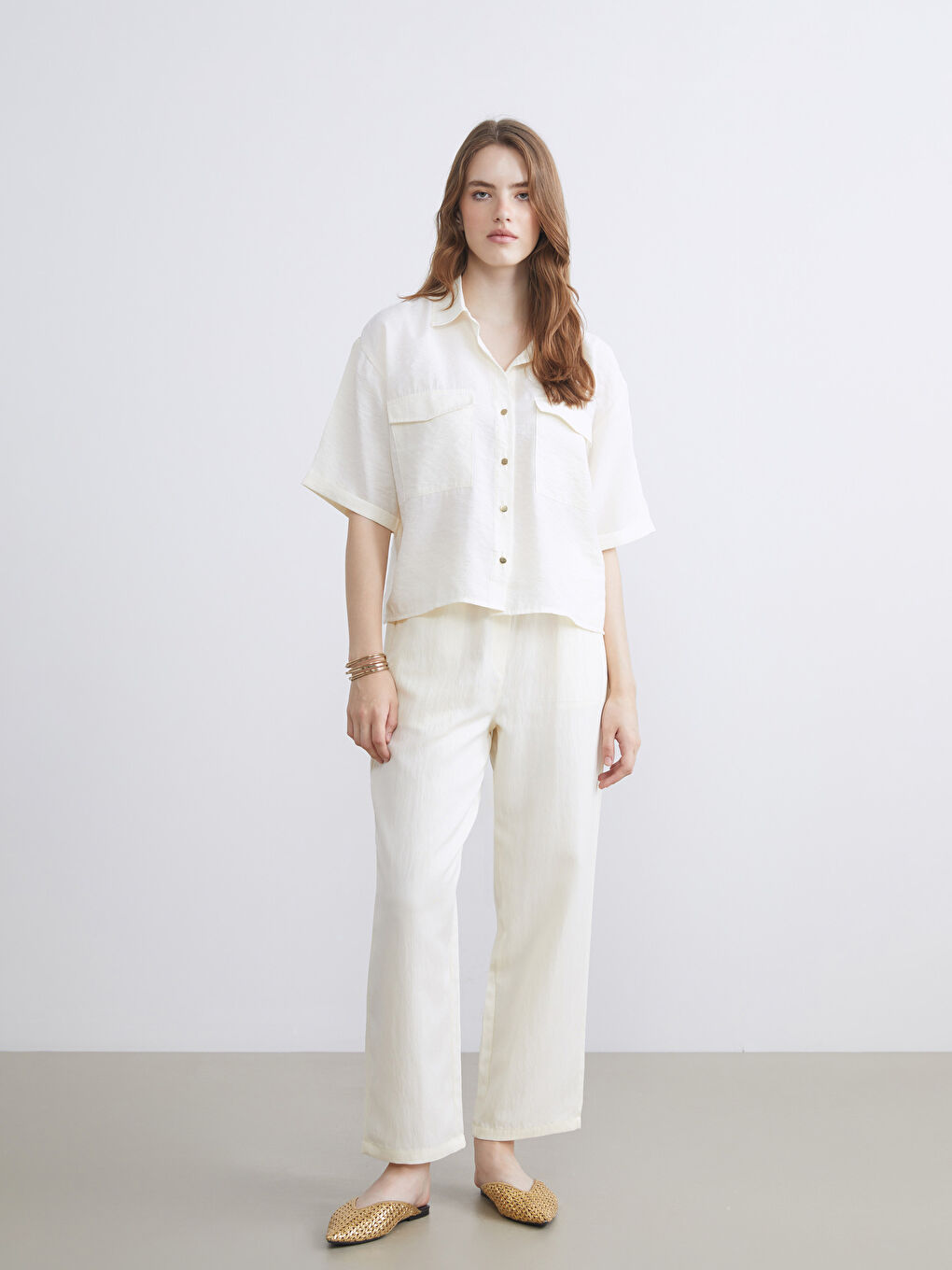 Ekru Beli Lastikli Kadın Pantolon-2