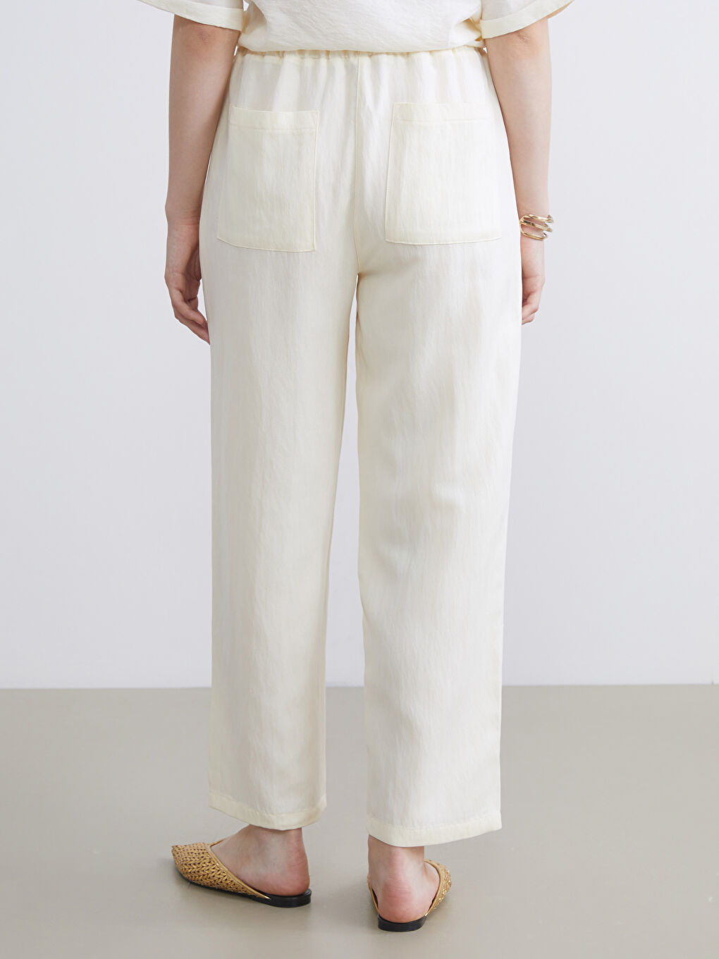 Ekru Beli Lastikli Kadın Pantolon-8