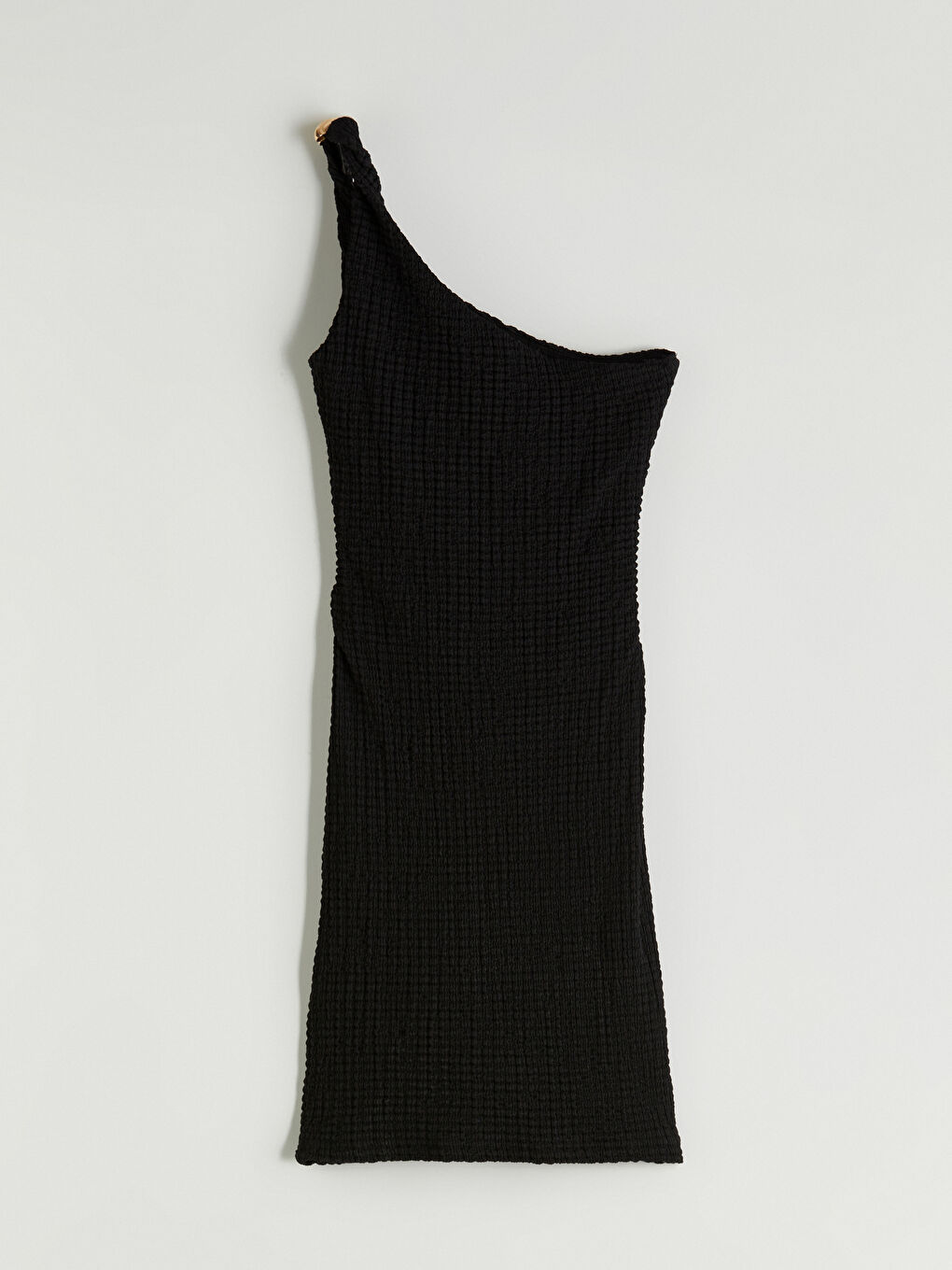 Siyah Tek Omuz Dokulu Büzgülü Elbise-5