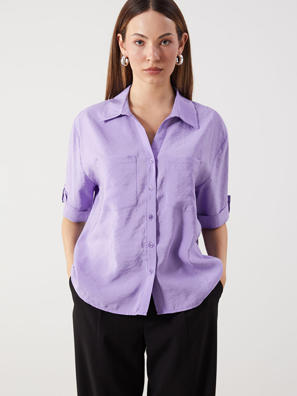 Mor Modal Karışımlı Oversize Kadın Gömlek