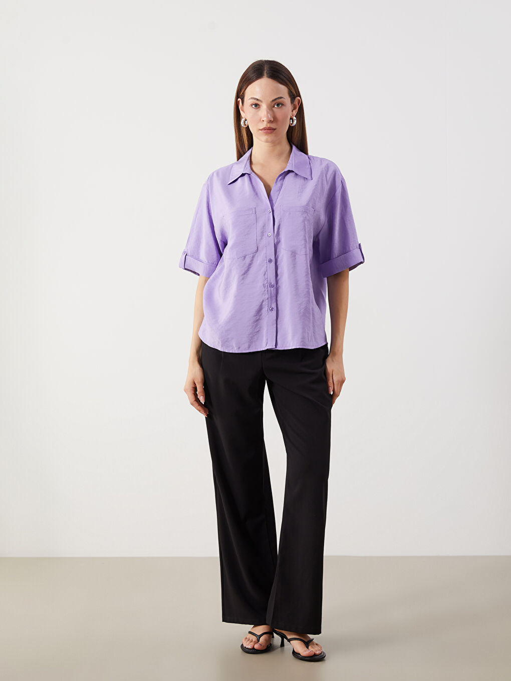 Mor Modal Karışımlı Oversize Kadın Gömlek-1