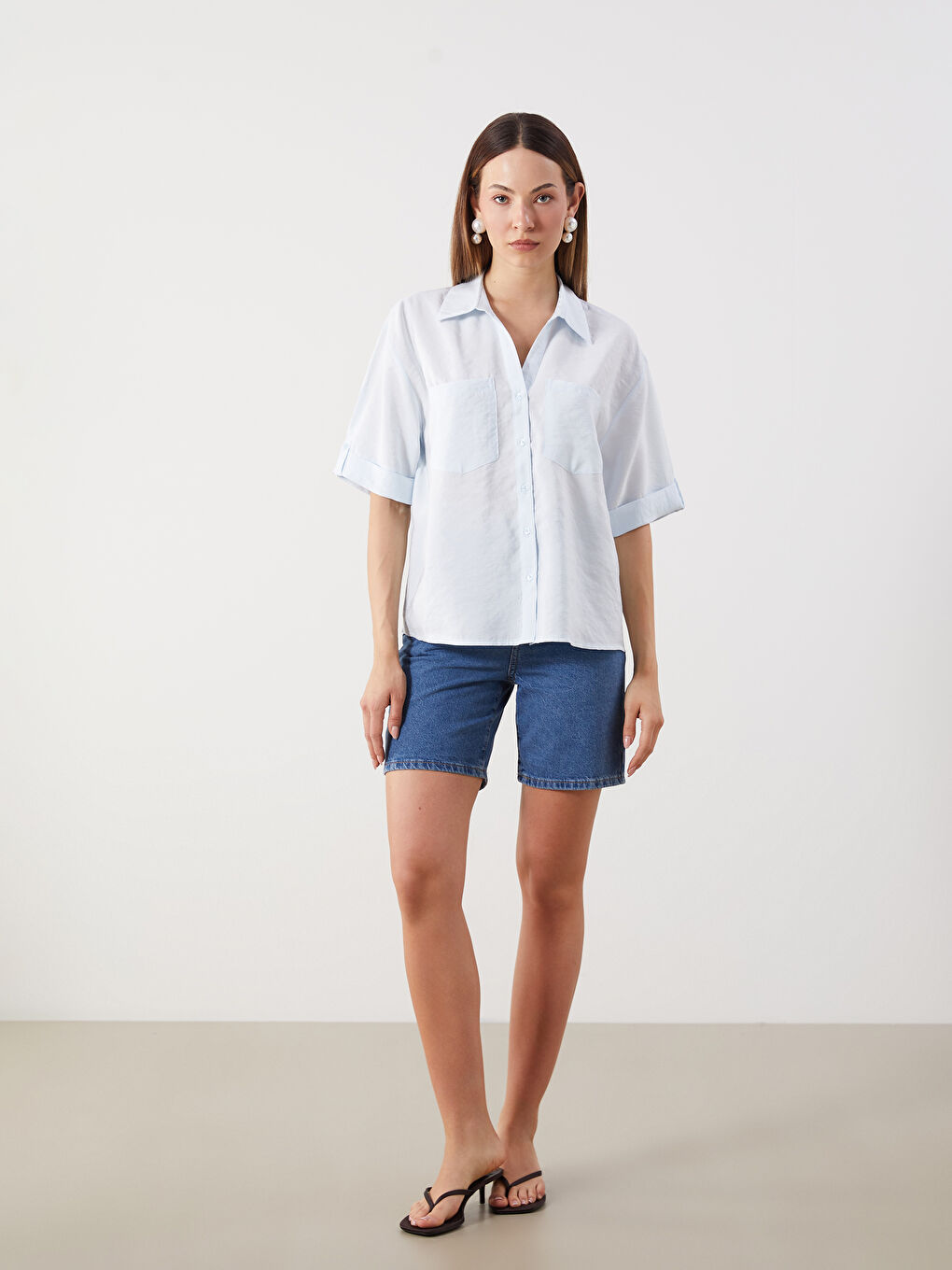 Mavi Modal Karışımlı Oversize Kadın Gömlek-1