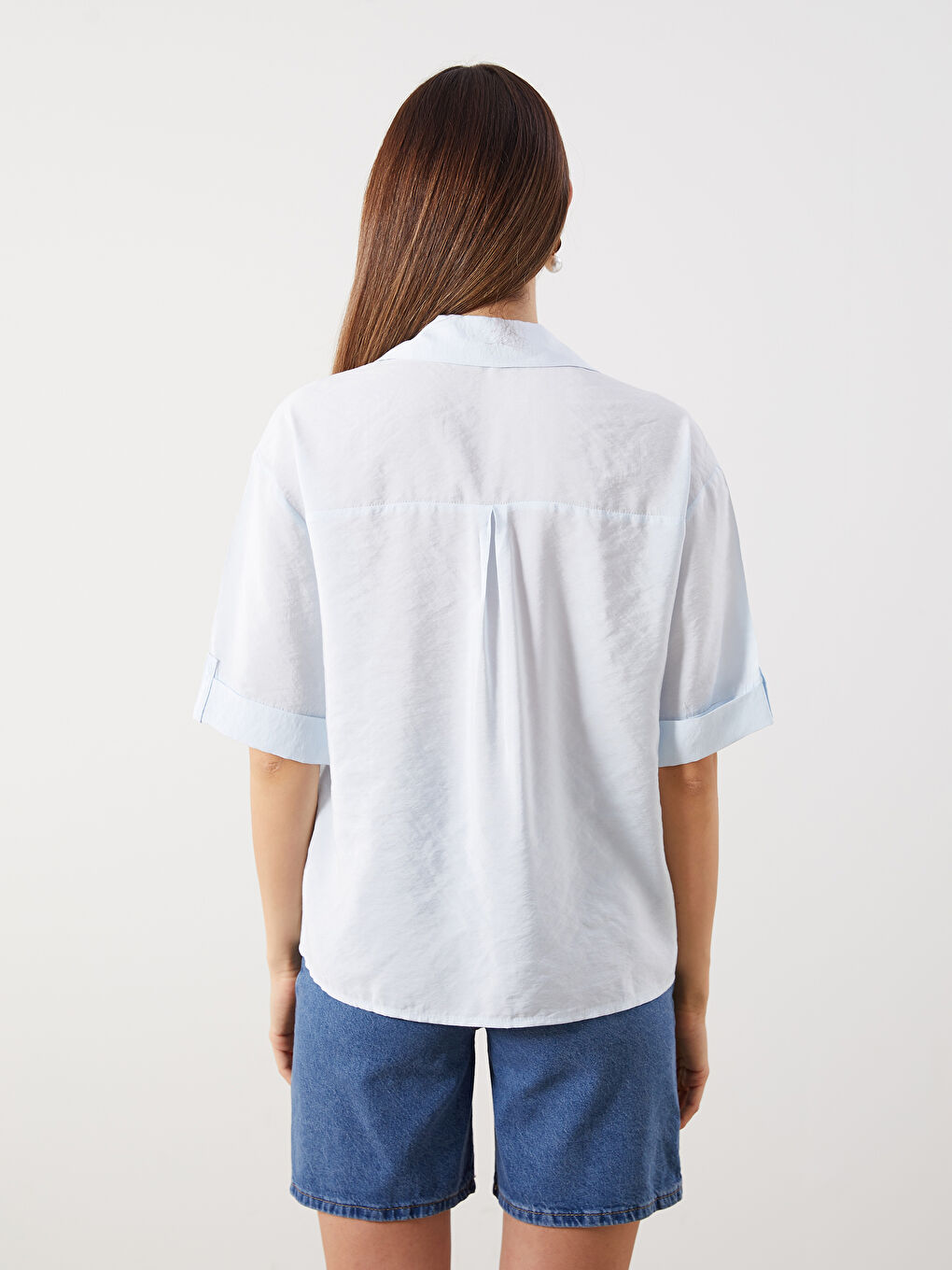 Mavi Modal Karışımlı Oversize Kadın Gömlek-3