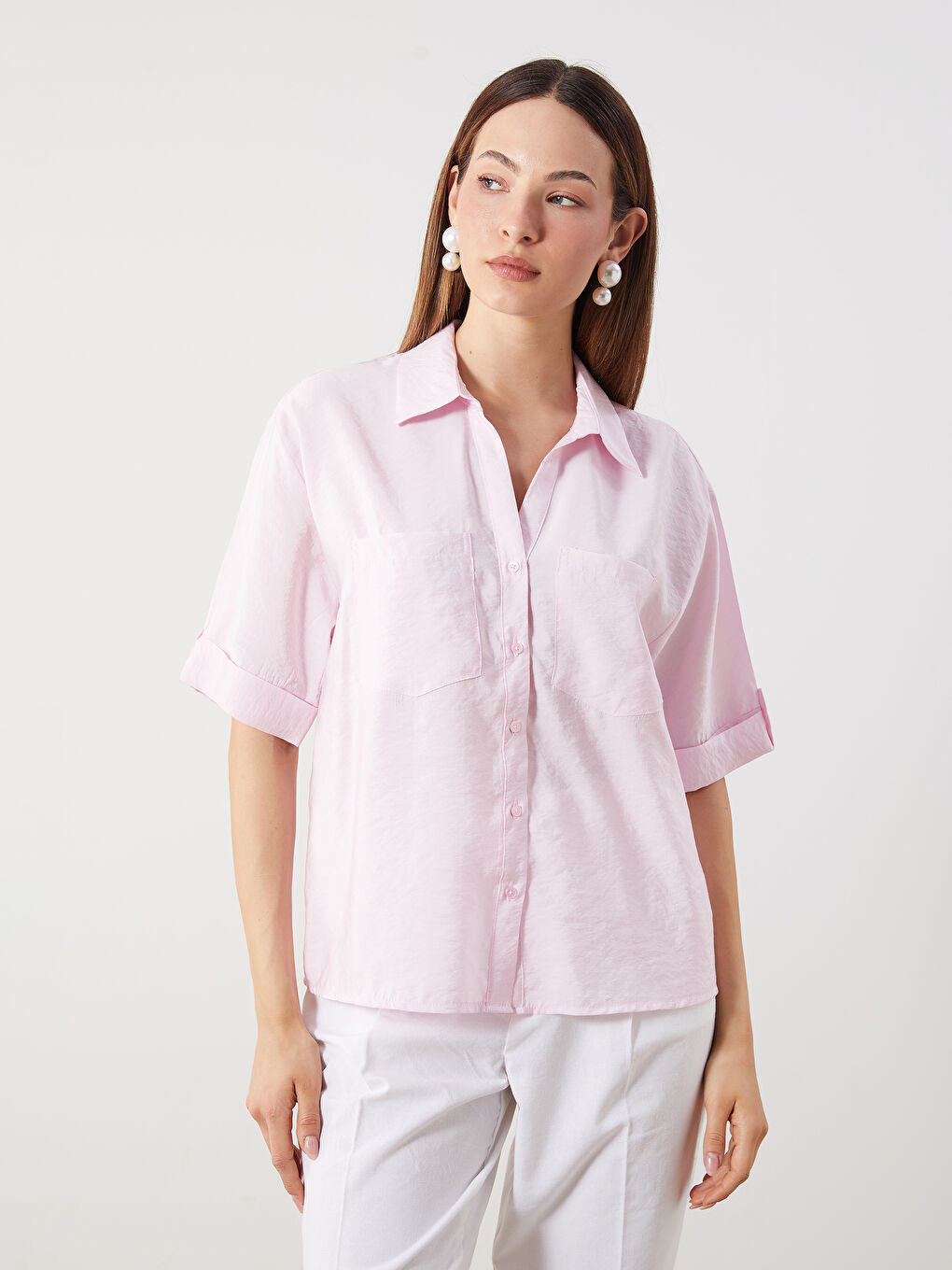 Pembe Modal Karışımlı Oversize Kadın Gömlek