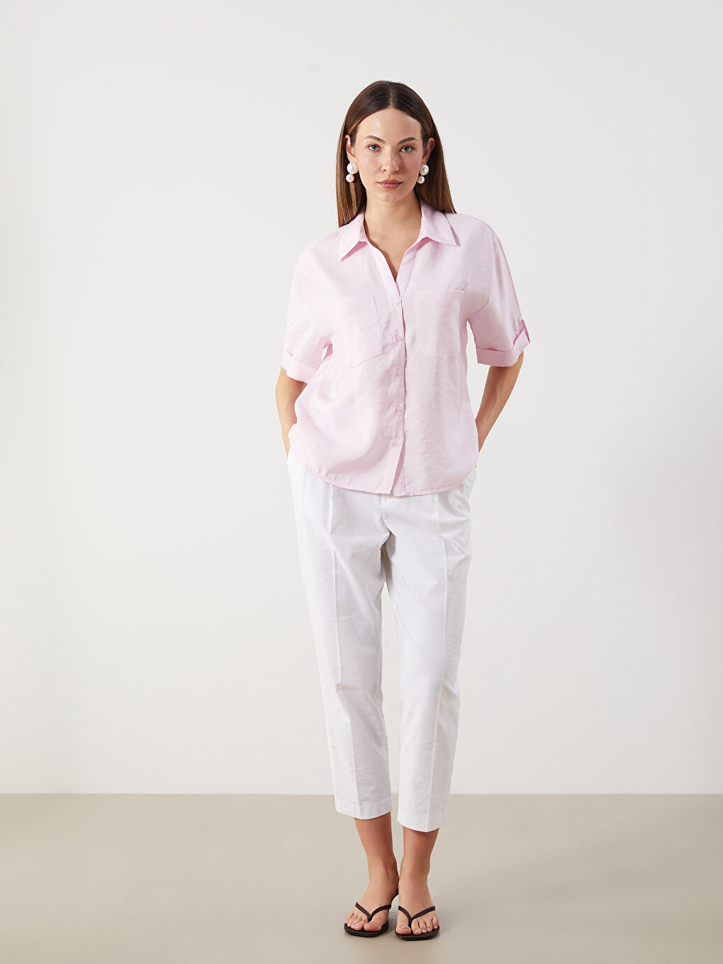 Pembe Modal Karışımlı Oversize Kadın Gömlek-1