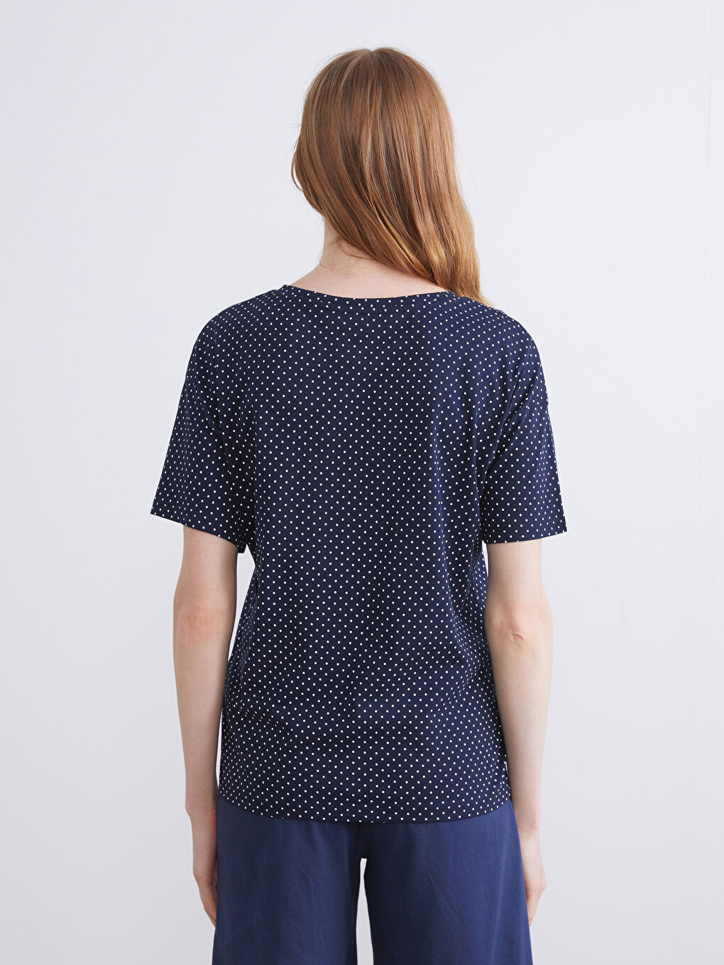 Lacivert Bisiklet Yaka Kiraz Nakışlı Kadın Pijama Üst-5