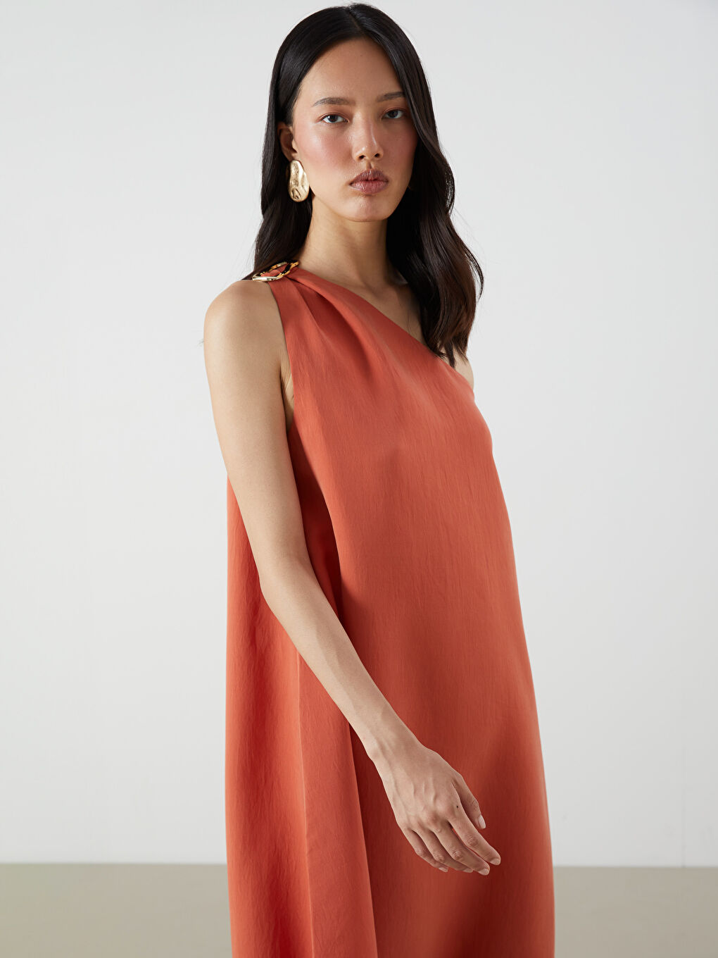 Turuncu Tek Omuz Modal Karışımlı Elbise-1