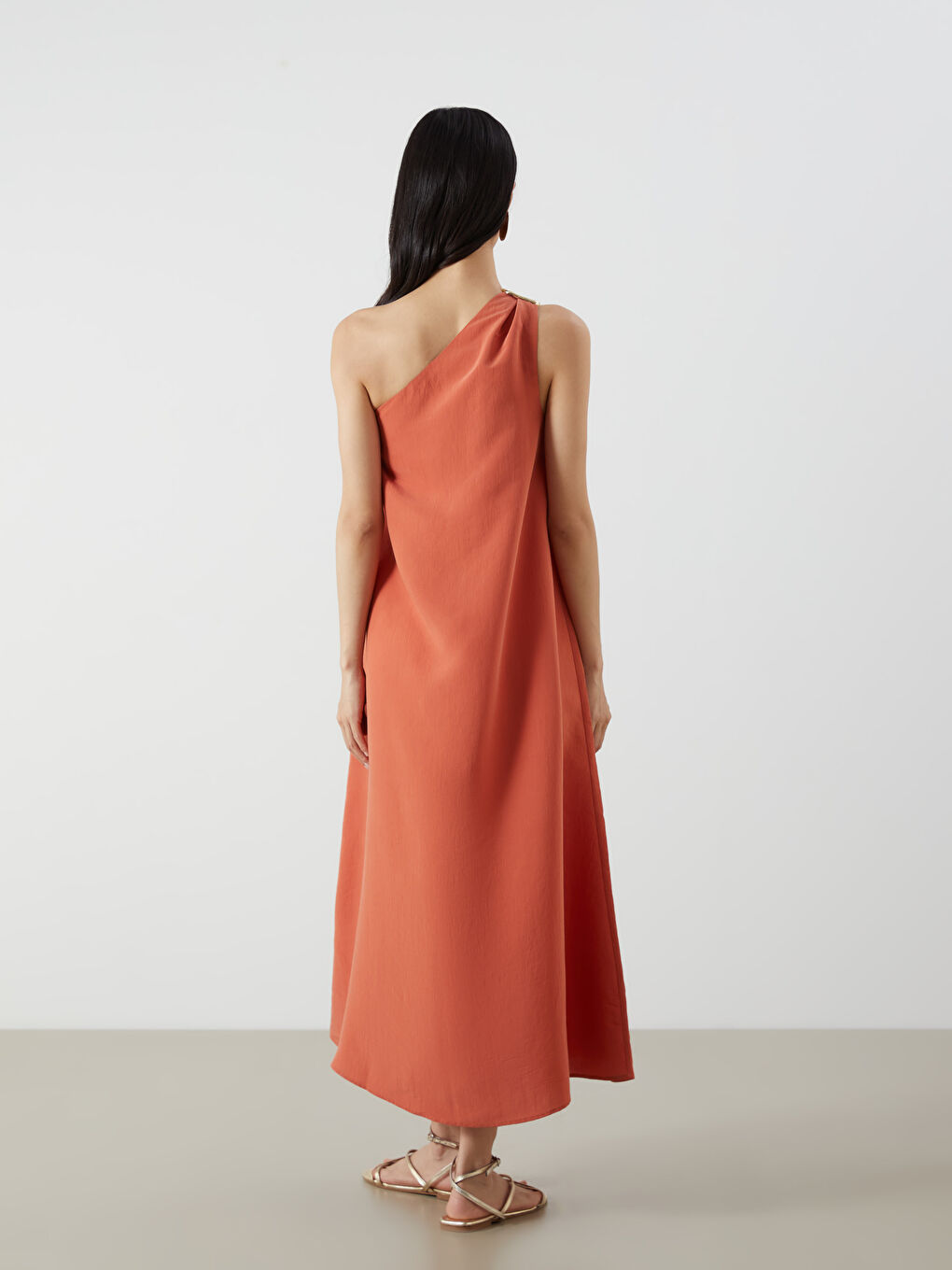 Turuncu Tek Omuz Modal Karışımlı Elbise-3