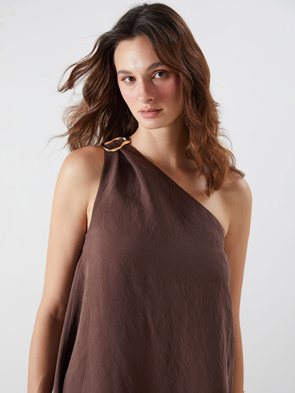 Kahverengi Tek Omuz Modal Karışımlı Elbise-1