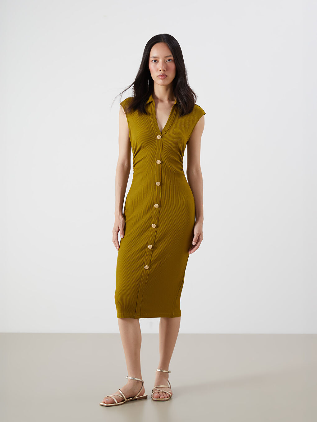 Yeşil Dokulu Büzgülü Gömlek Elbise