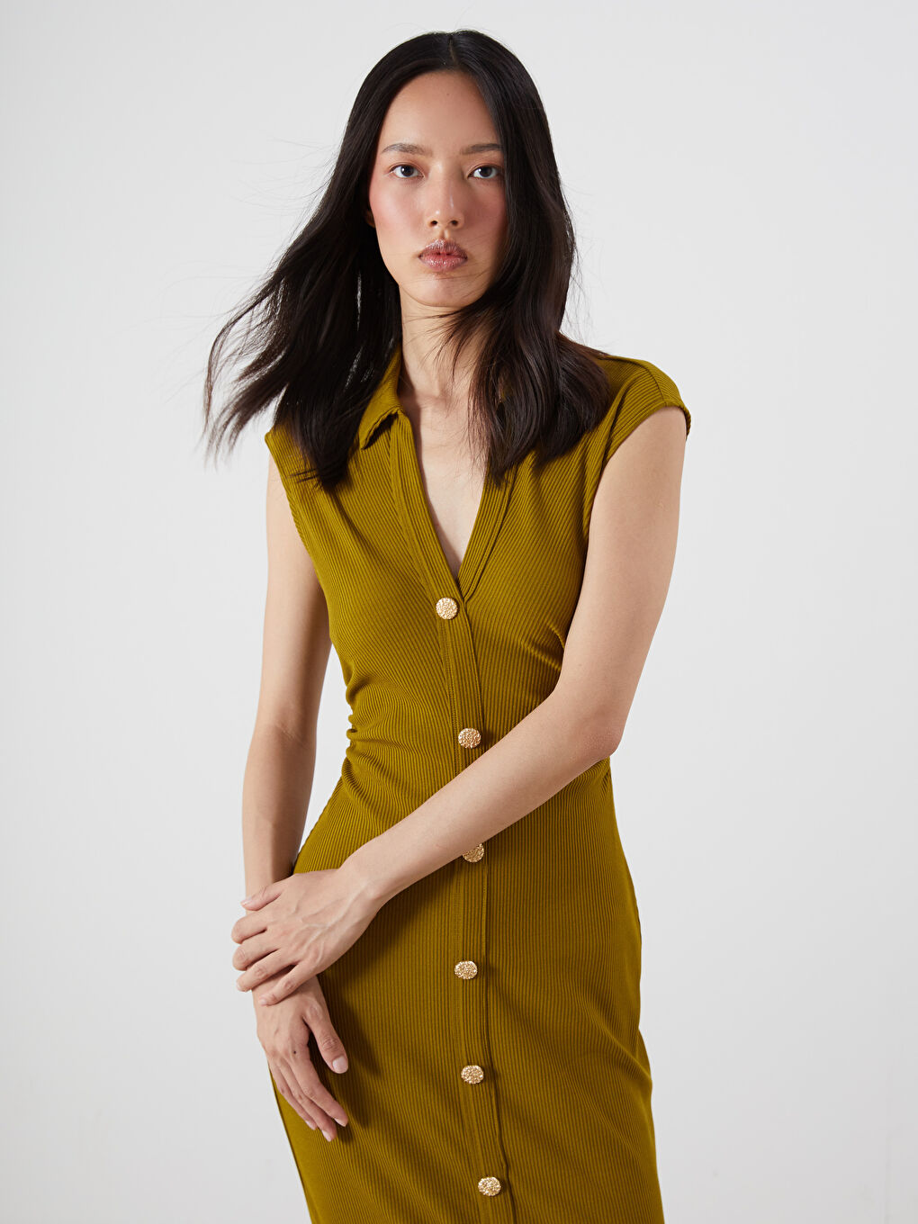 Yeşil Dokulu Büzgülü Gömlek Elbise-1