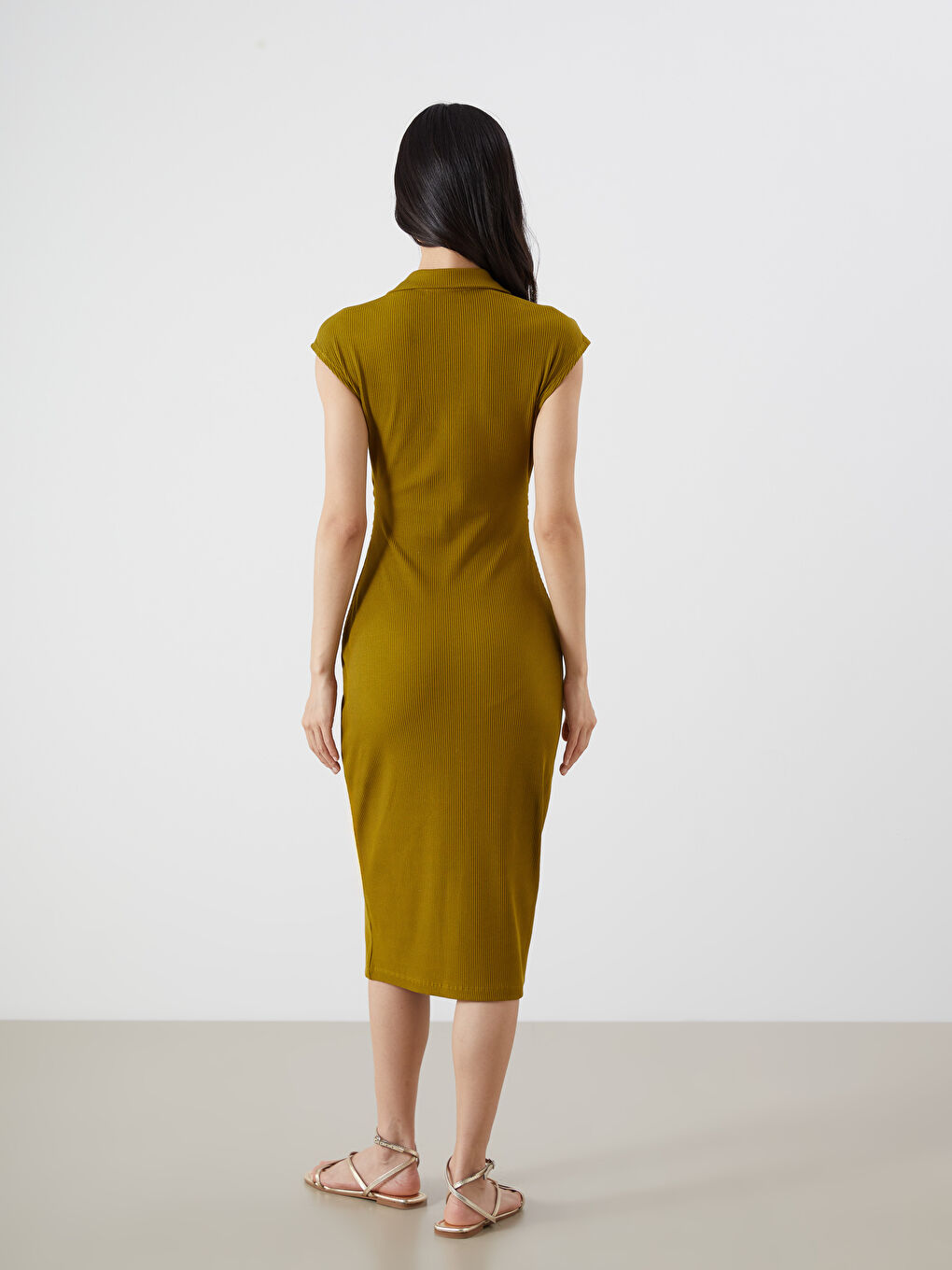 Yeşil Dokulu Büzgülü Gömlek Elbise-3