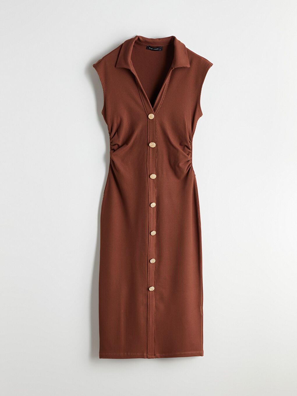 Kahverengi Dokulu Büzgülü Gömlek Elbise-4