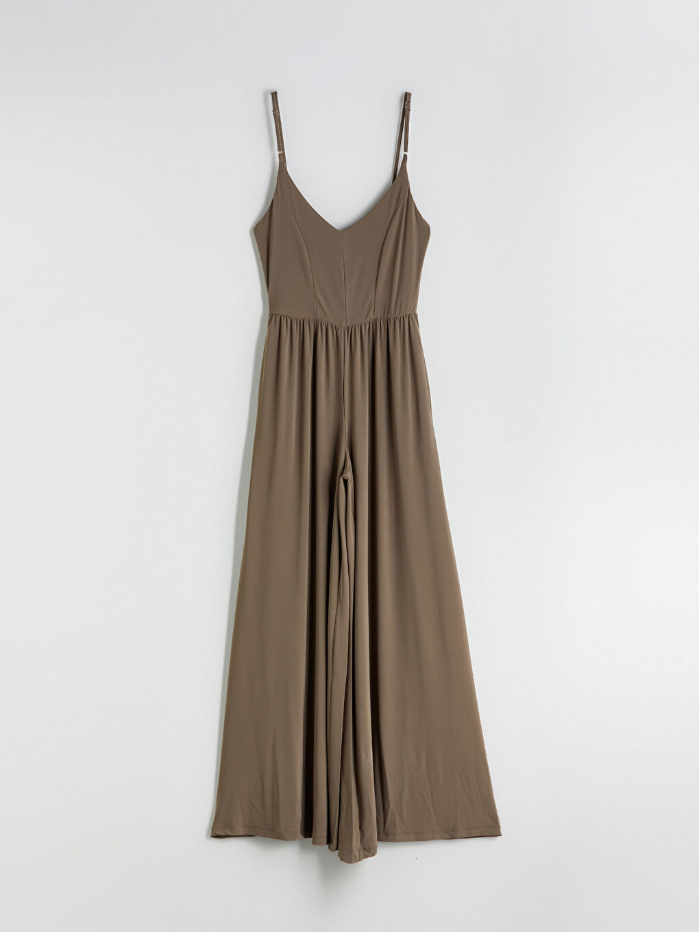 Kahverengi V Yaka Askılı Büzgülü Kadın Tulum-4