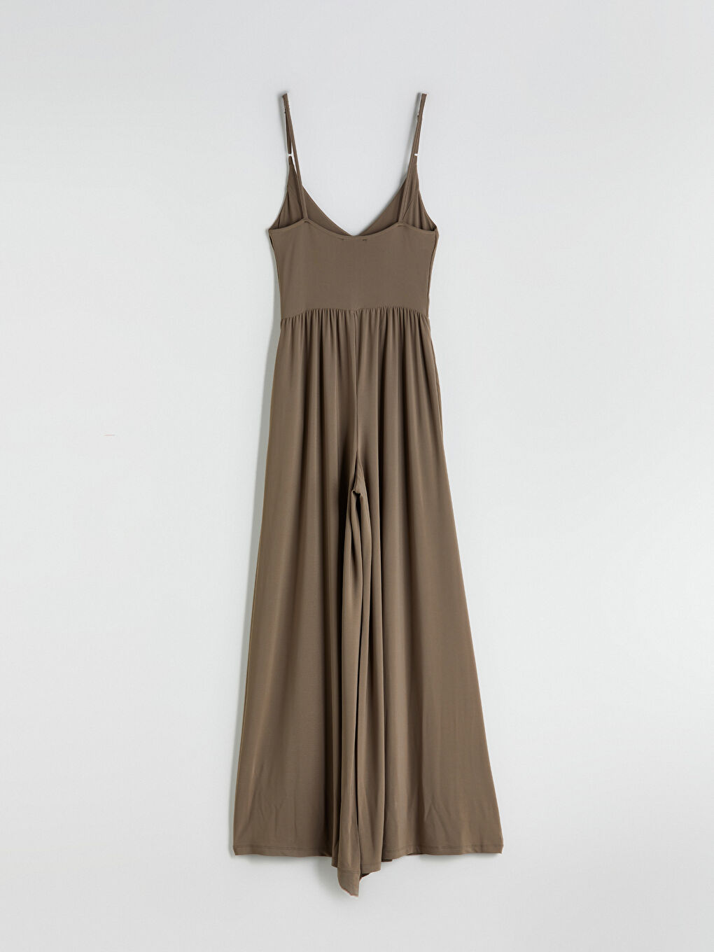 Kahverengi V Yaka Askılı Büzgülü Kadın Tulum-6