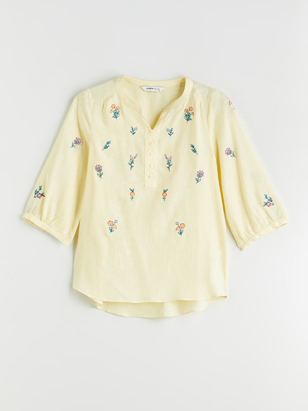 Блуза от ленена смес с деколте с прорез и флорален мотив-4