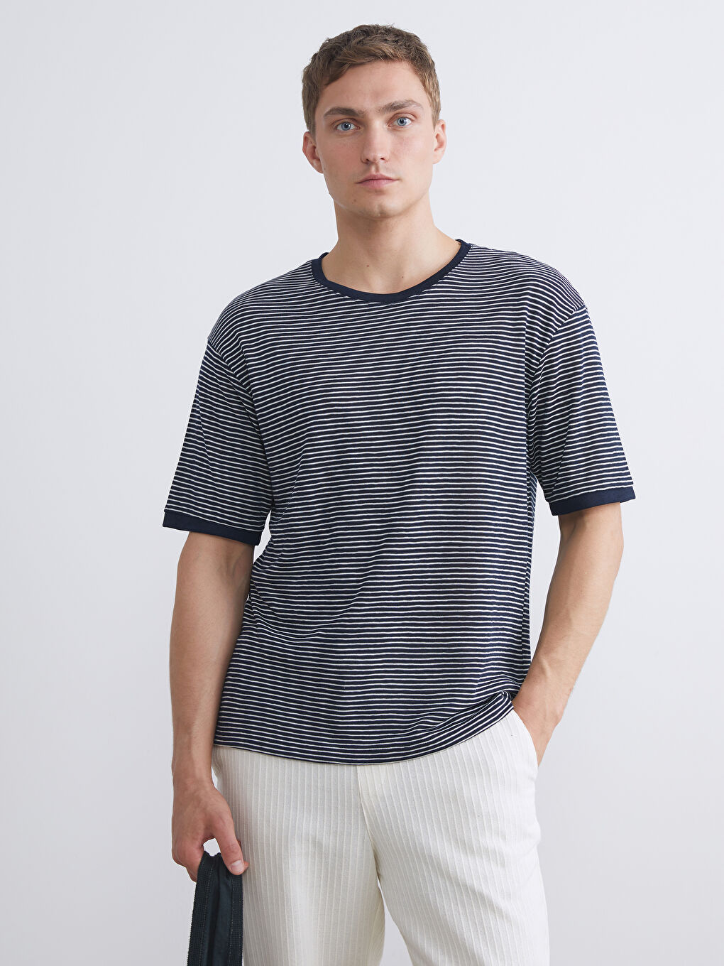 Lacivert Bisiklet Yaka Çizgili Penye Erkek Tişört