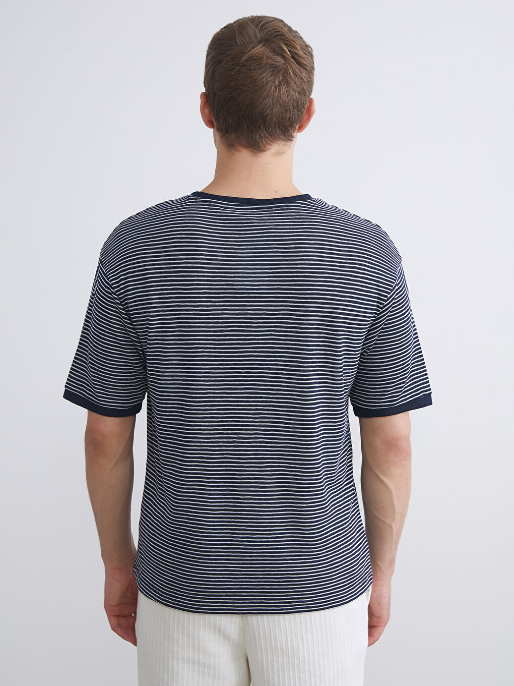 Lacivert Bisiklet Yaka Çizgili Penye Erkek Tişört-3