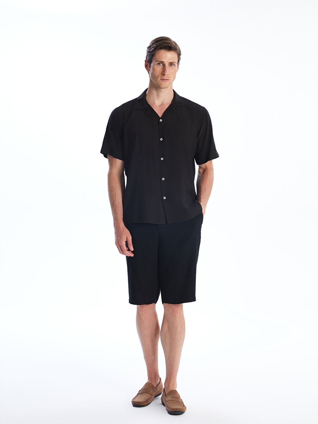 Siyah Regular Fit Resort Yaka Erkek Gömlek-1