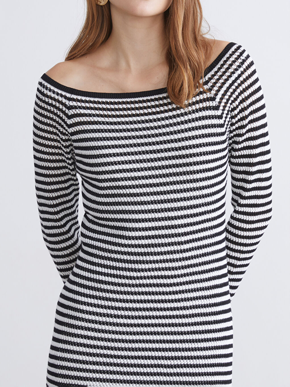 Ekru Kayık Yaka Ajurlu Triko Elbise-2