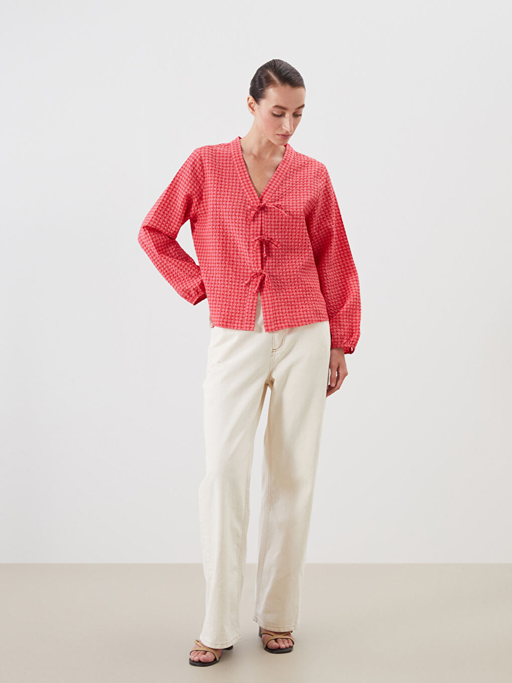 Pembe V Yaka Ekose Bağlamalı Bluz-1