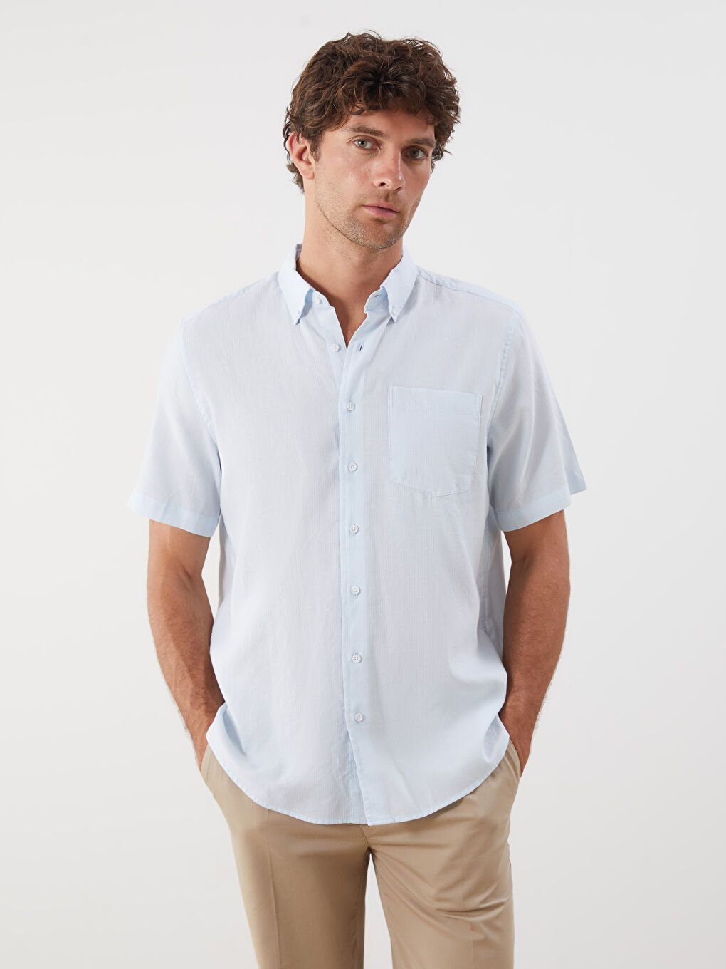 Mavi Regular Fit Kısa Kollu Çizgili Armürlü Erkek Gömlek