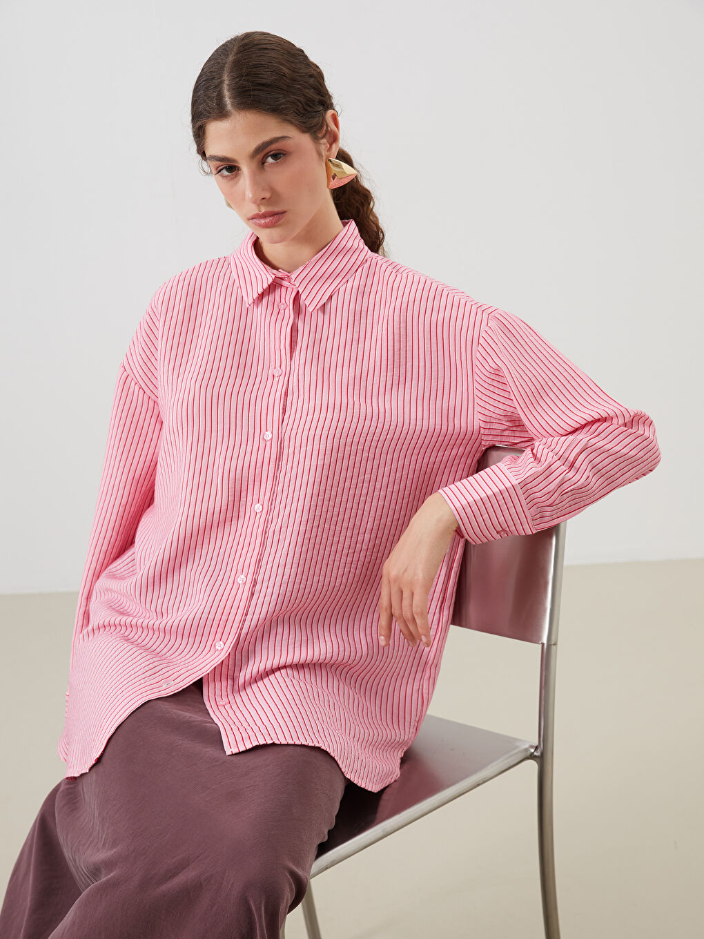 Pembe Çizgili Oversize Kadın Gömlek Tunik