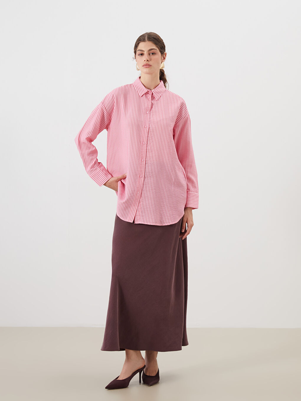 Pembe Çizgili Oversize Kadın Gömlek Tunik-1