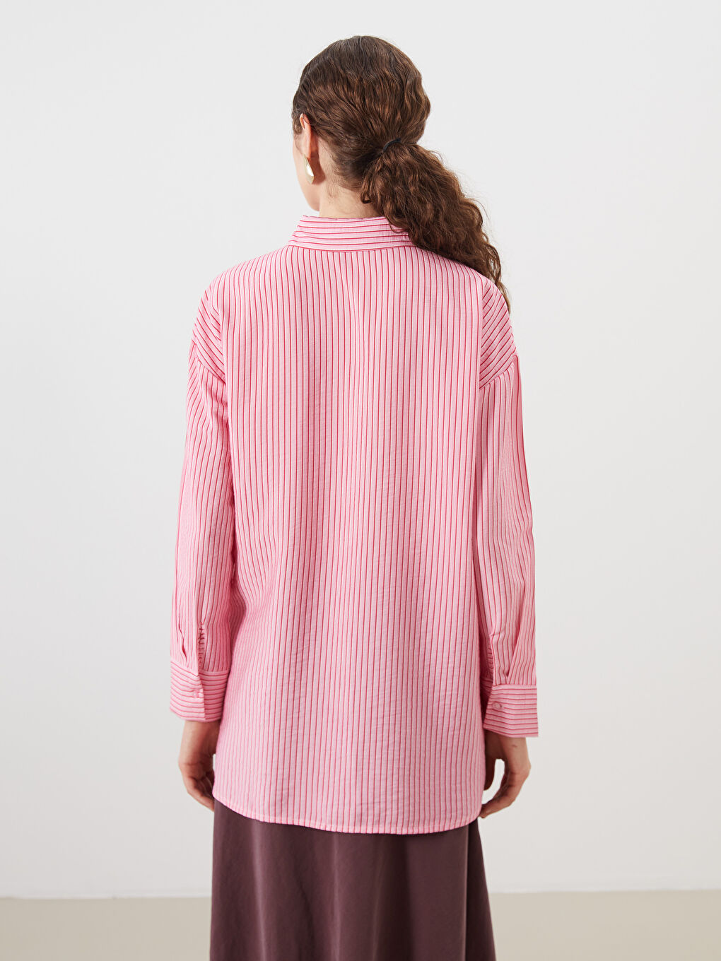 Pembe Çizgili Oversize Kadın Gömlek Tunik-3