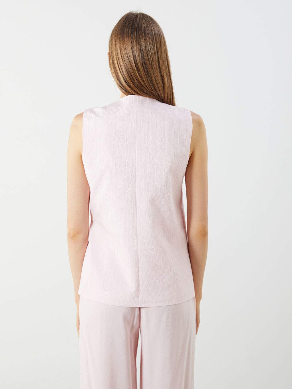 Pembe V Yaka Dokulu Kadın Klasik Yelek-3