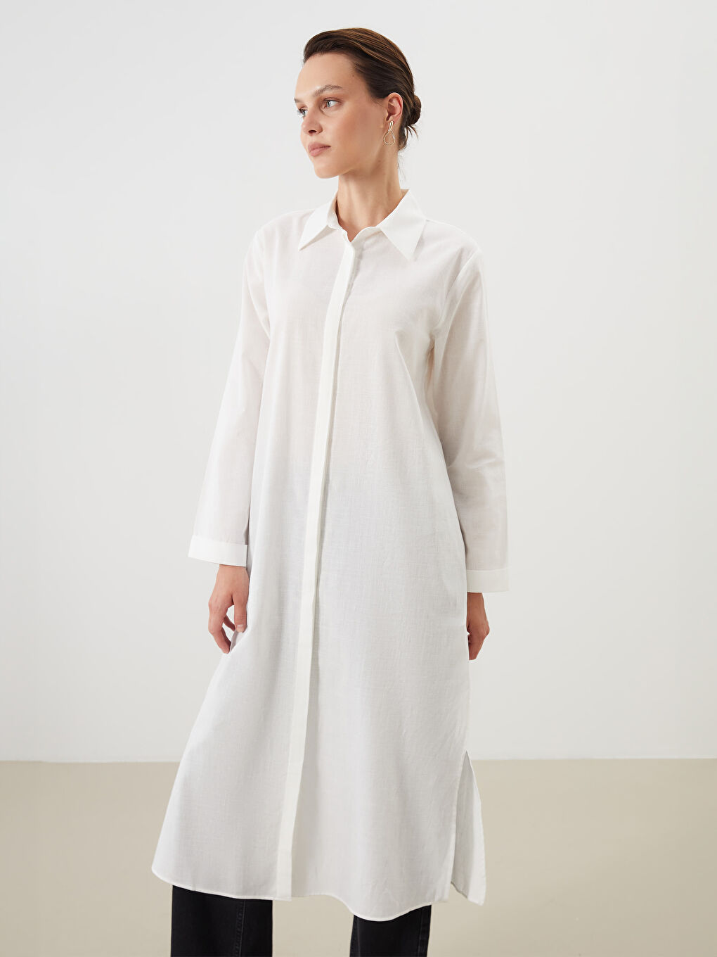 Ekru Loose Fit Kadın Gömlek Tunik