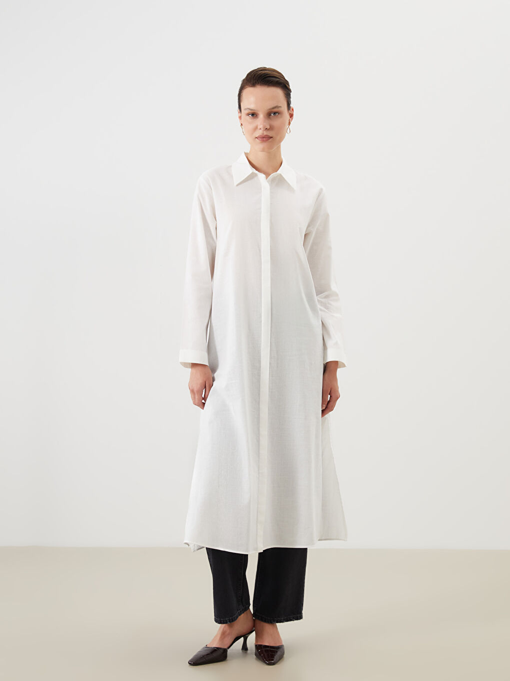 Ekru Loose Fit Kadın Gömlek Tunik-1