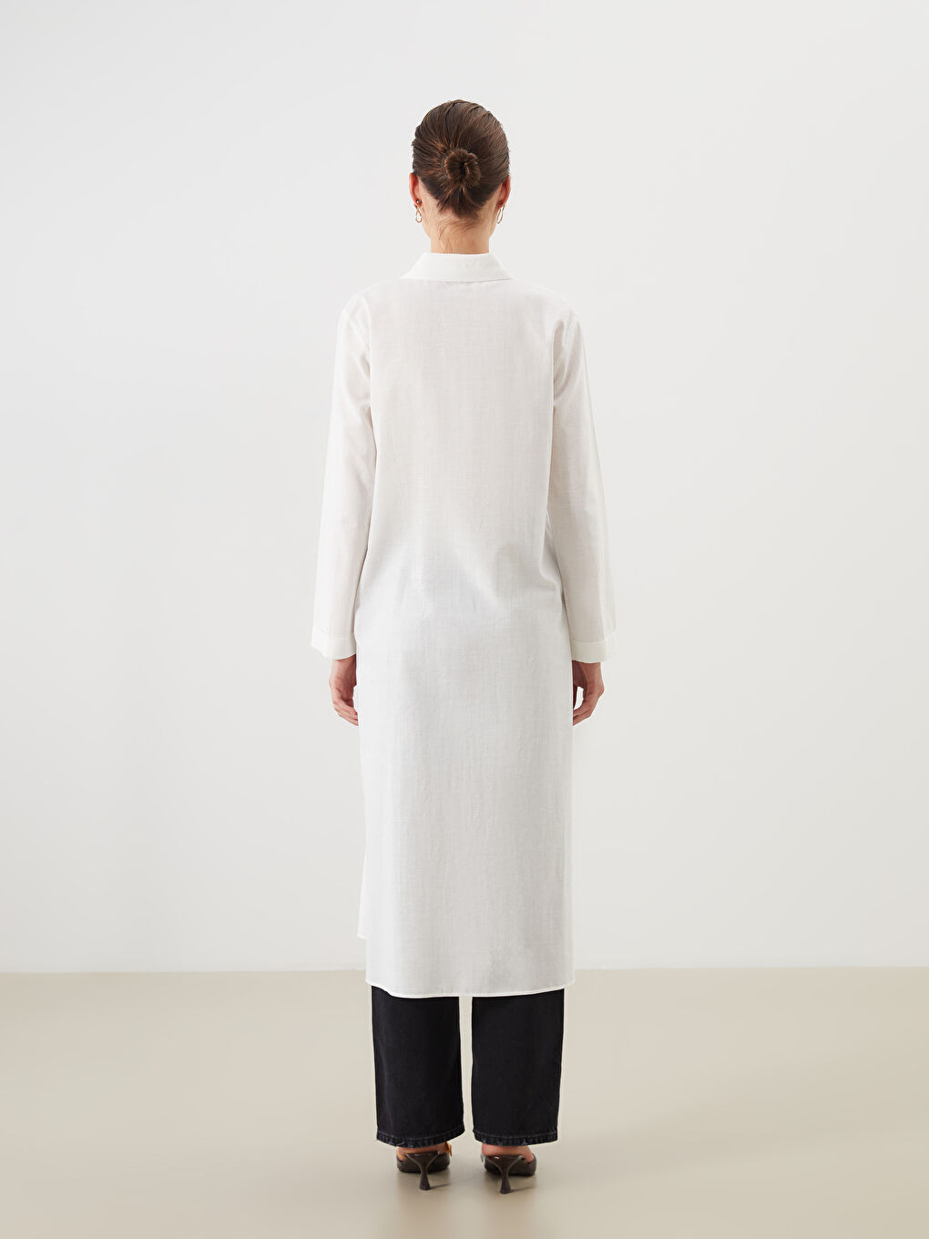 Ekru Loose Fit Kadın Gömlek Tunik-3