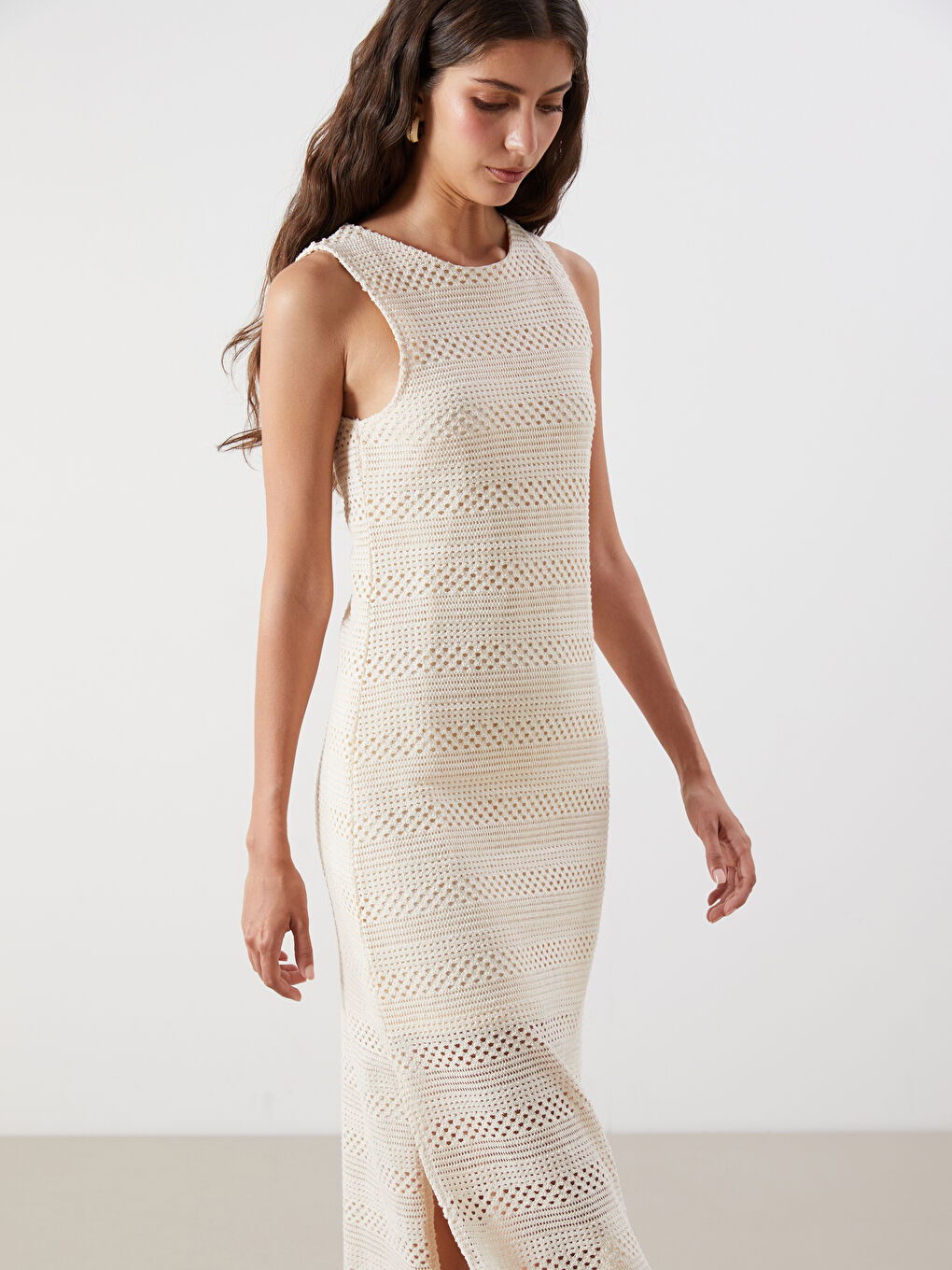 Ekru Bisiklet Yaka Kroşe Bodycon Elbise-1