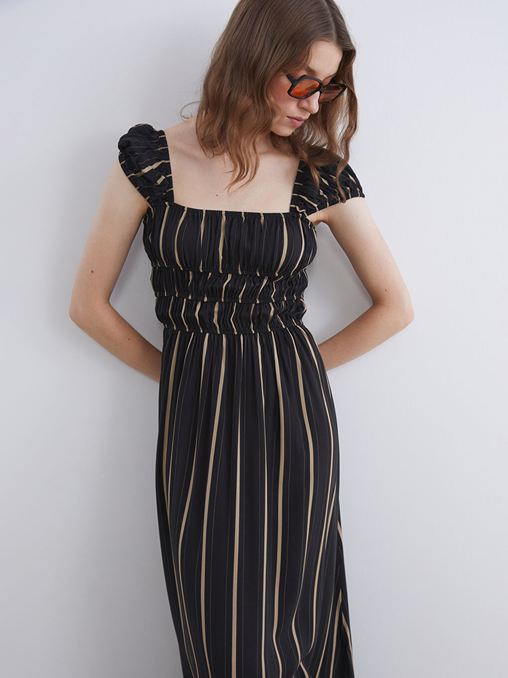 Square Collar Striped Dress-1