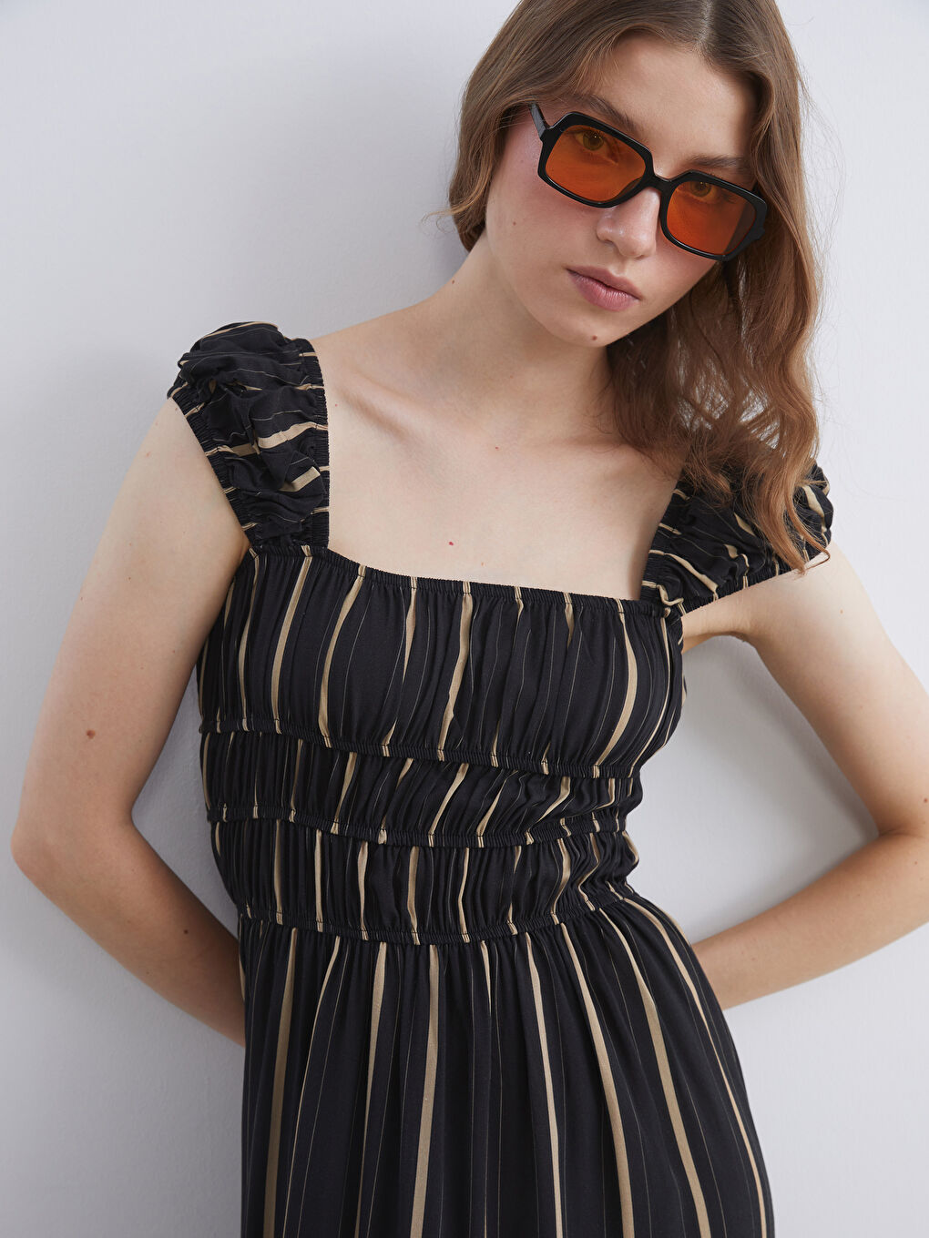 Square Collar Striped Dress-2