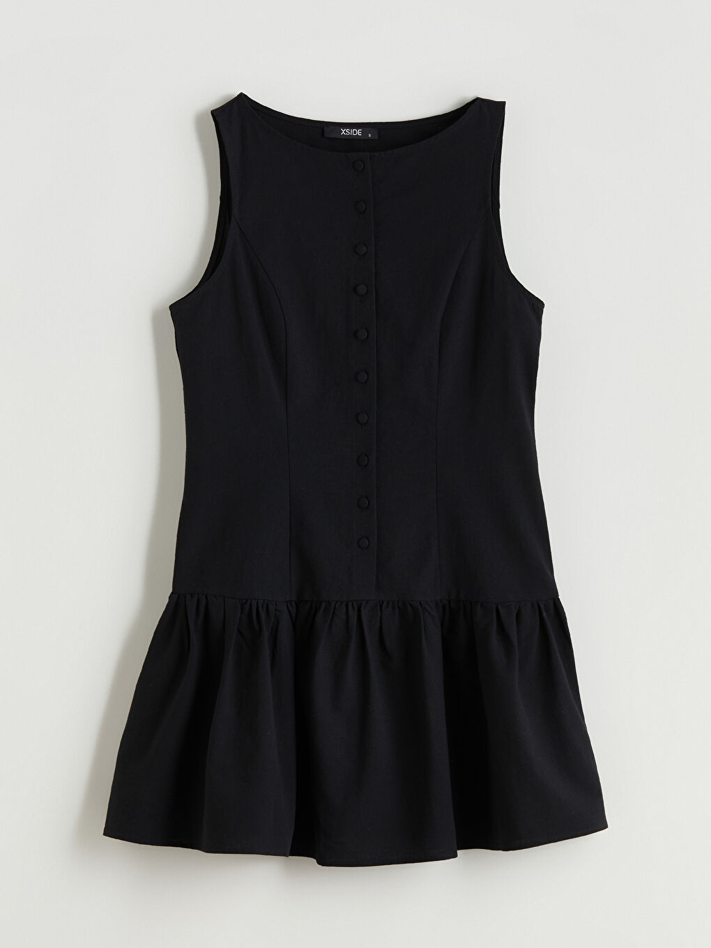 Siyah Bisiklet Yaka Keten Karışımlı Katkat Elbise-4