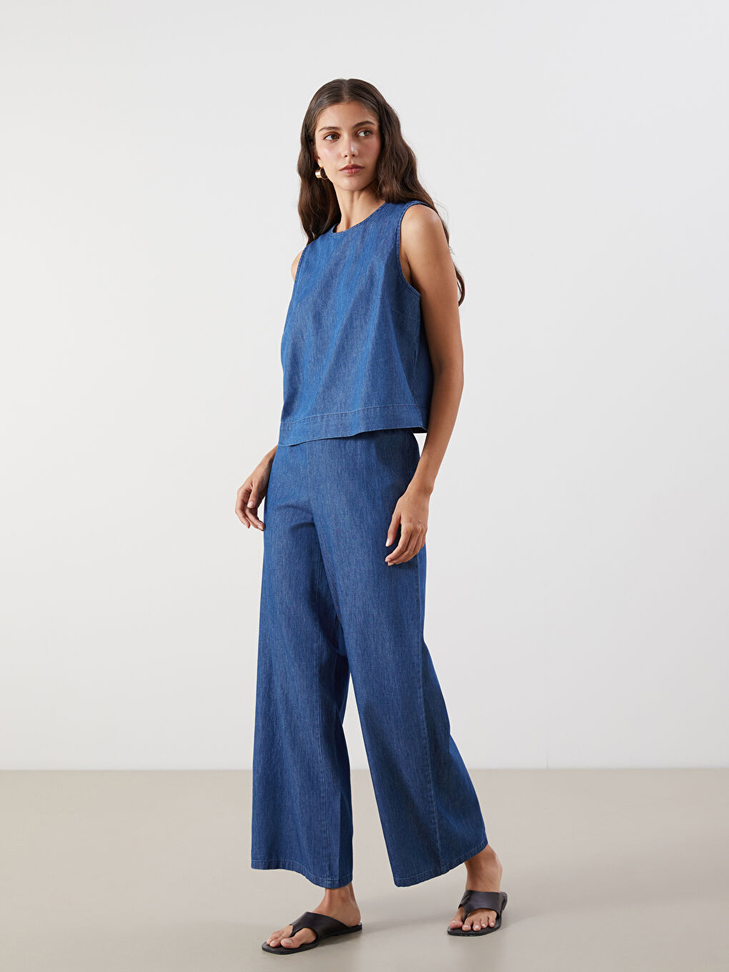 İndigo Beli Lastikli Wideleg Kadın Jean Pantolon