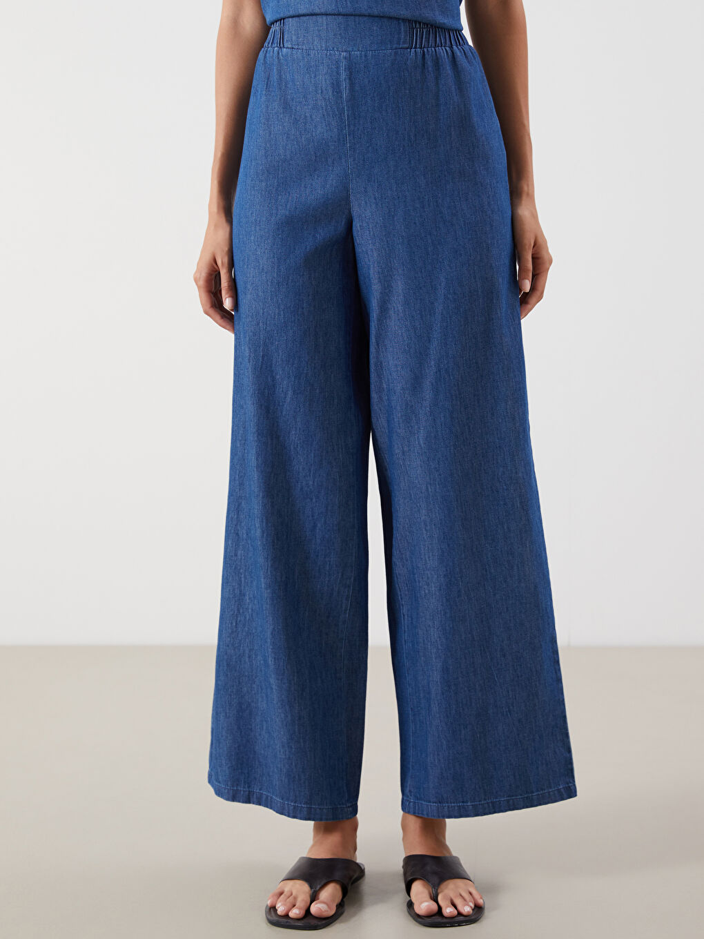 İndigo Beli Lastikli Wideleg Kadın Jean Pantolon-1