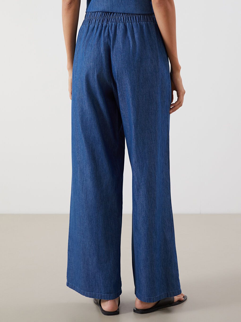 İndigo Beli Lastikli Wideleg Kadın Jean Pantolon-3