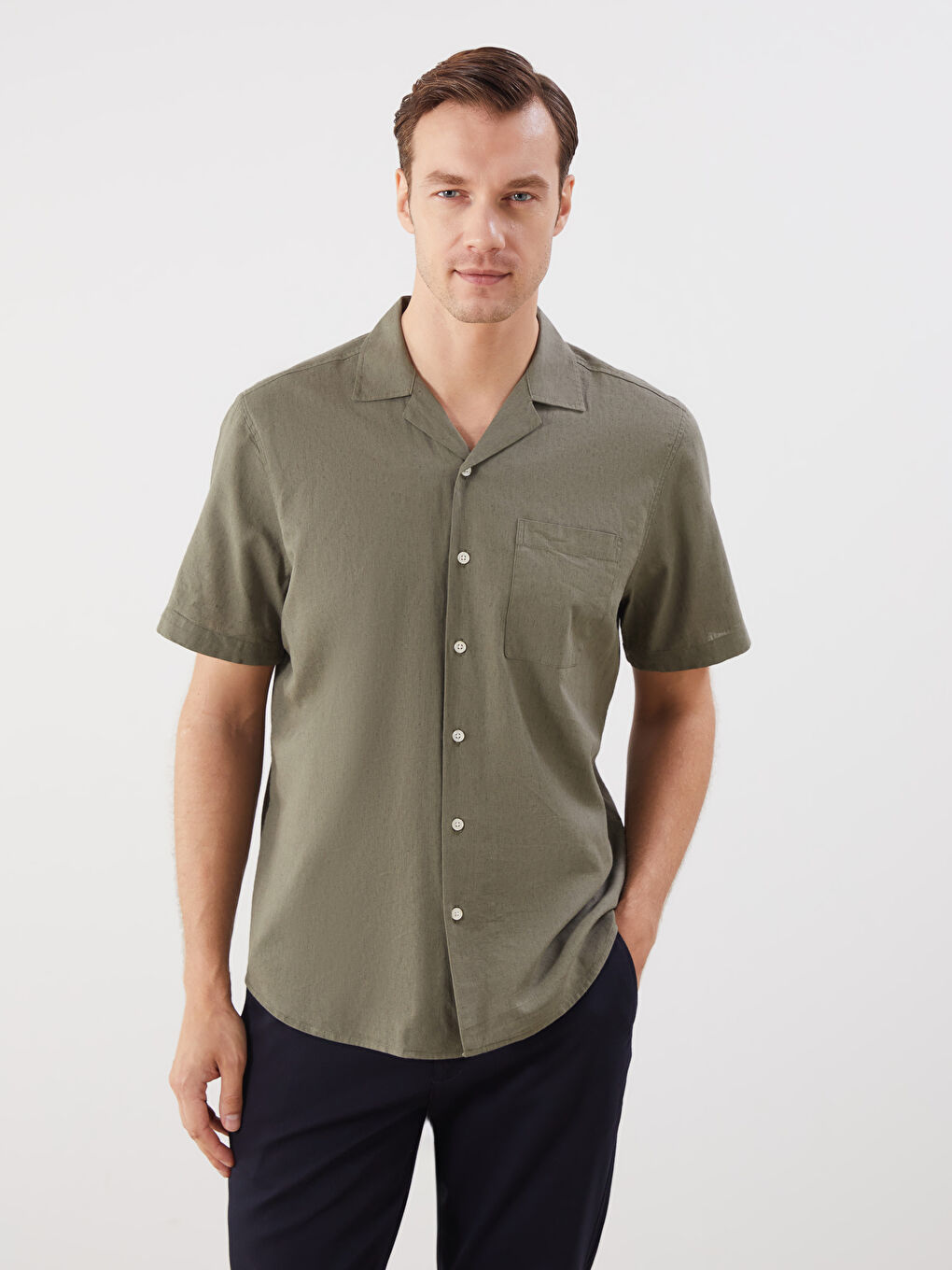 Regular Fit Resort Neck Short Sleeve Linen Blend Men's Shirt