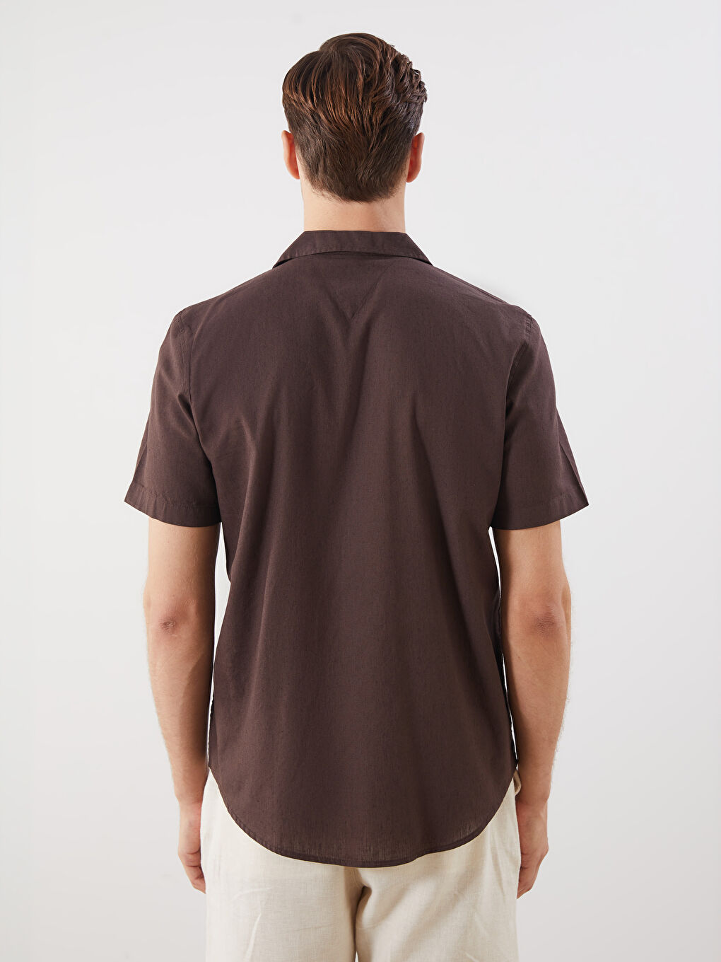 Kahverengi Regular Fit Resort Yaka Kısa Kollu Keten Karışımlı Erkek Gömlek-3
