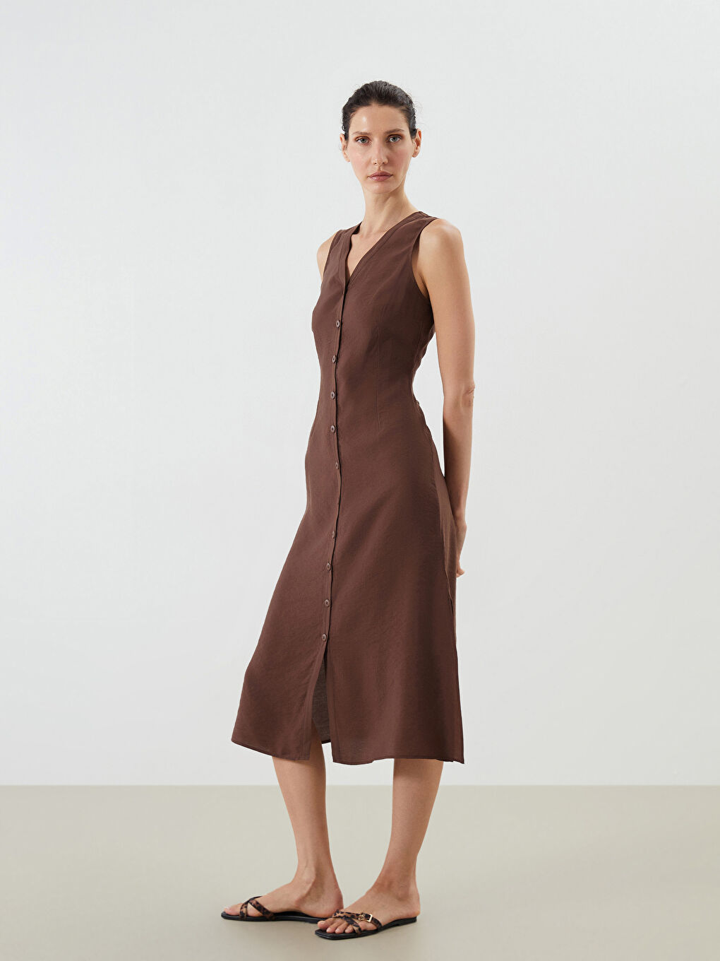 Kahverengi V Yaka A Kesim Modal Karışımlı Elbise