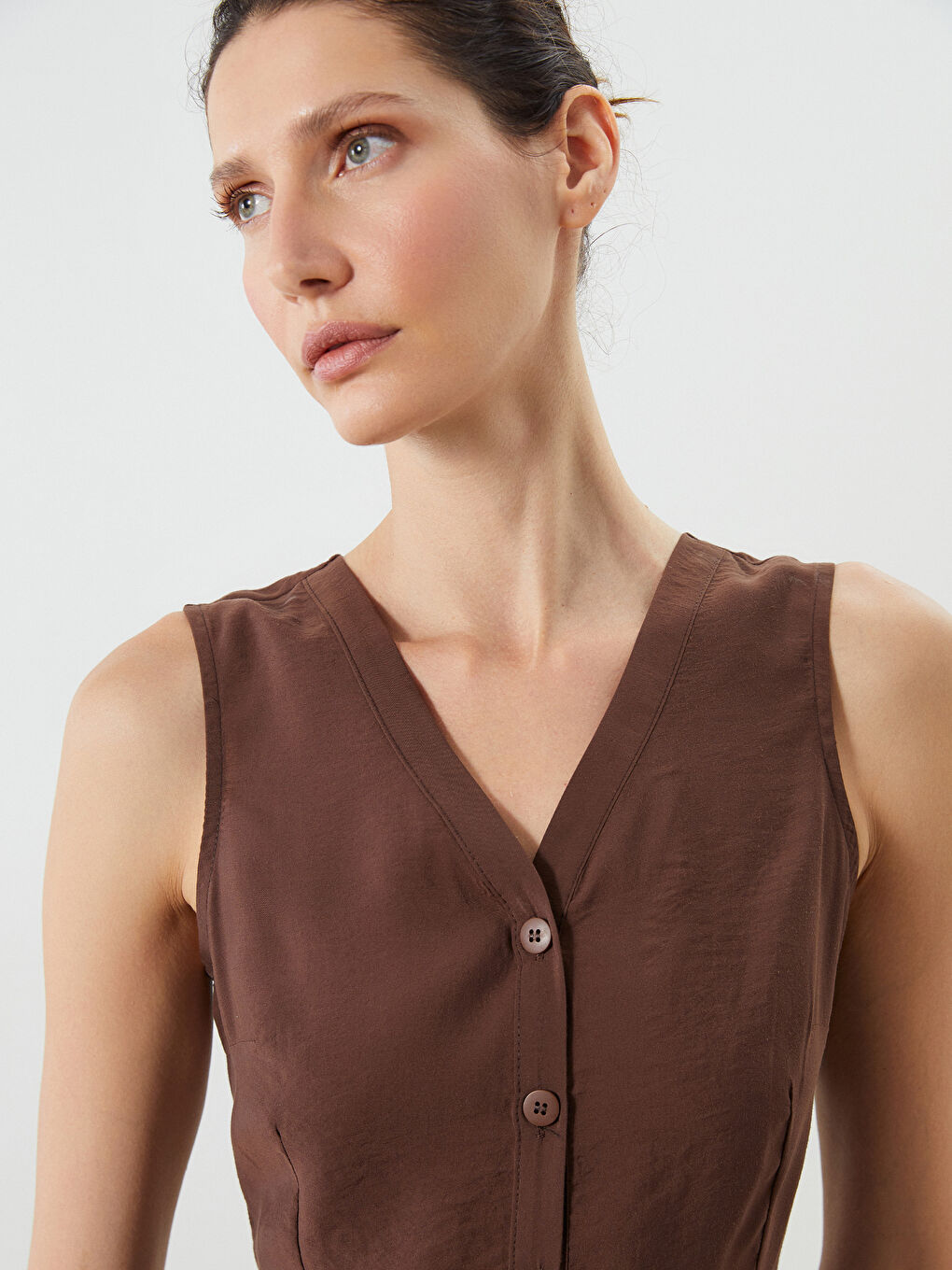 Kahverengi V Yaka A Kesim Modal Karışımlı Elbise-2