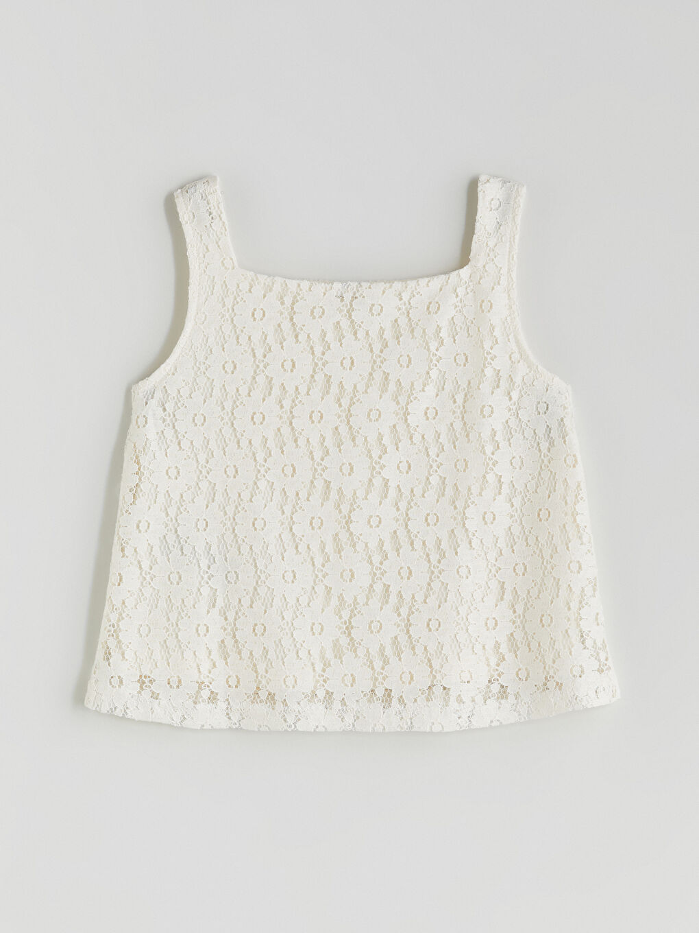 Ekru Kare Yaka Kız Çocuk Dantel Bluz-2